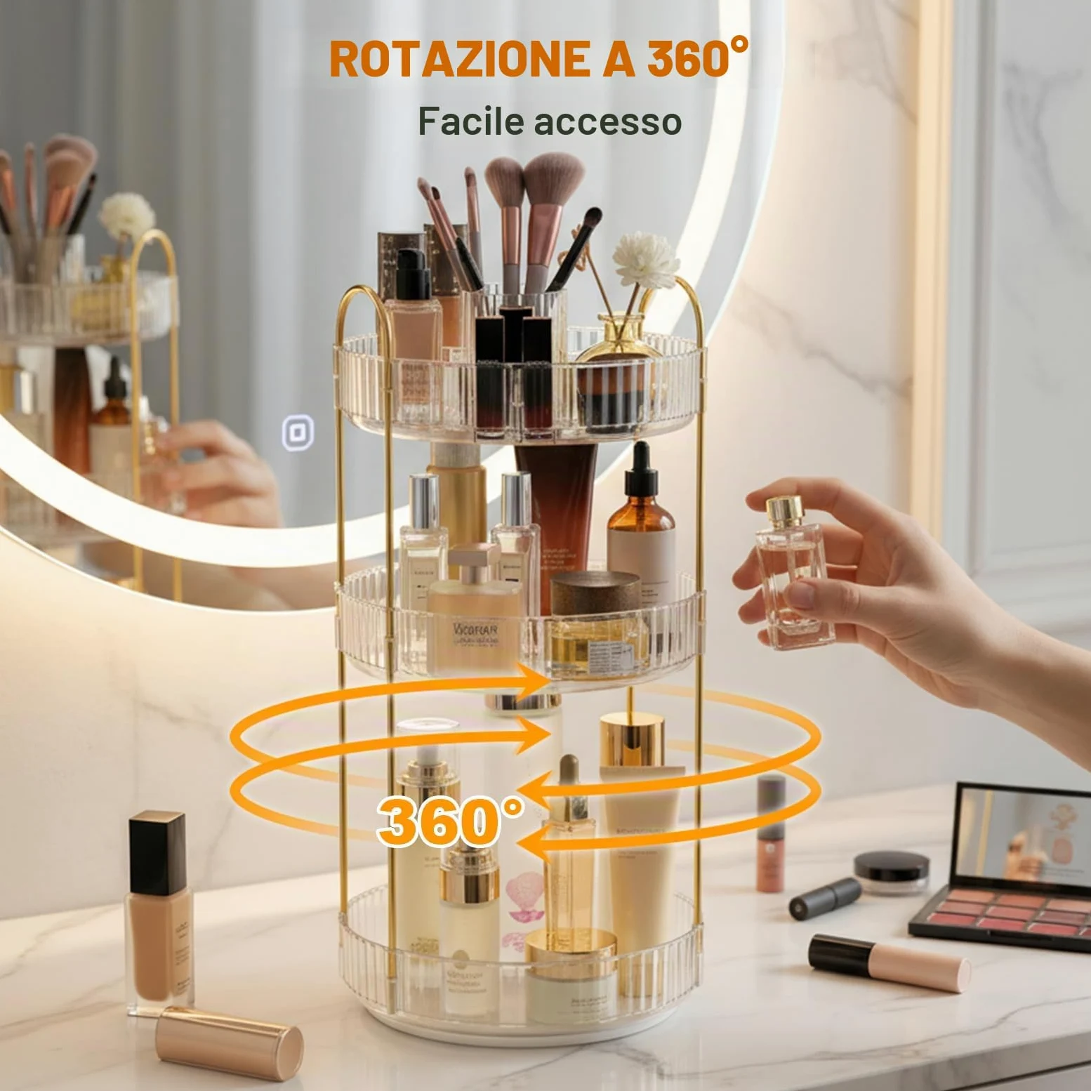 SHANNA Organizer Trucco: Porta Trucchi Rotante a 360° a 3 Livelli, Grande Capacità, Porta Pennelli Rotante Multifunzione, per Comò, Camera da Letto (Chiaro-A)