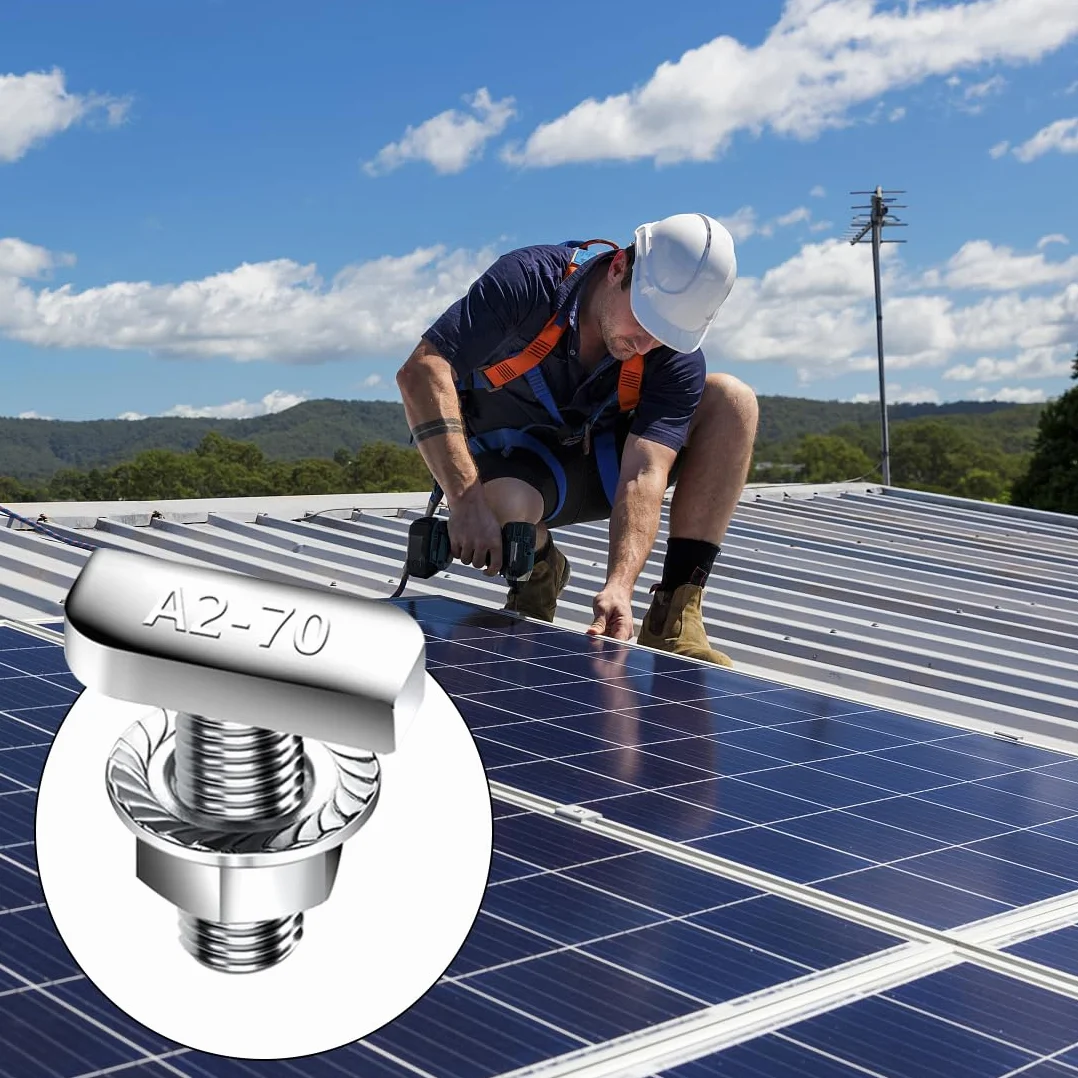 Viti a testa martello M10 x 25 mm in acciaio inox A2-70 T con dadi a flangia per binari solari PV, 10 pezzi