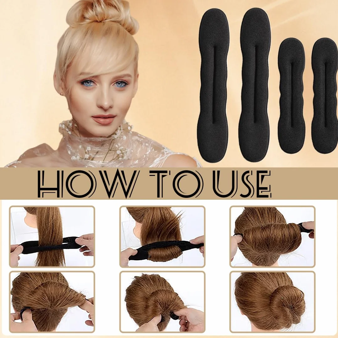 Kit 4 Ciambelle Chignon,Facili e Veloci per Capelli con Accessori in Spugna,Capelli Strumento per Intrecciare, per Bambine e Donne, 2 Piccole e 2 Grandi, Colore Nero