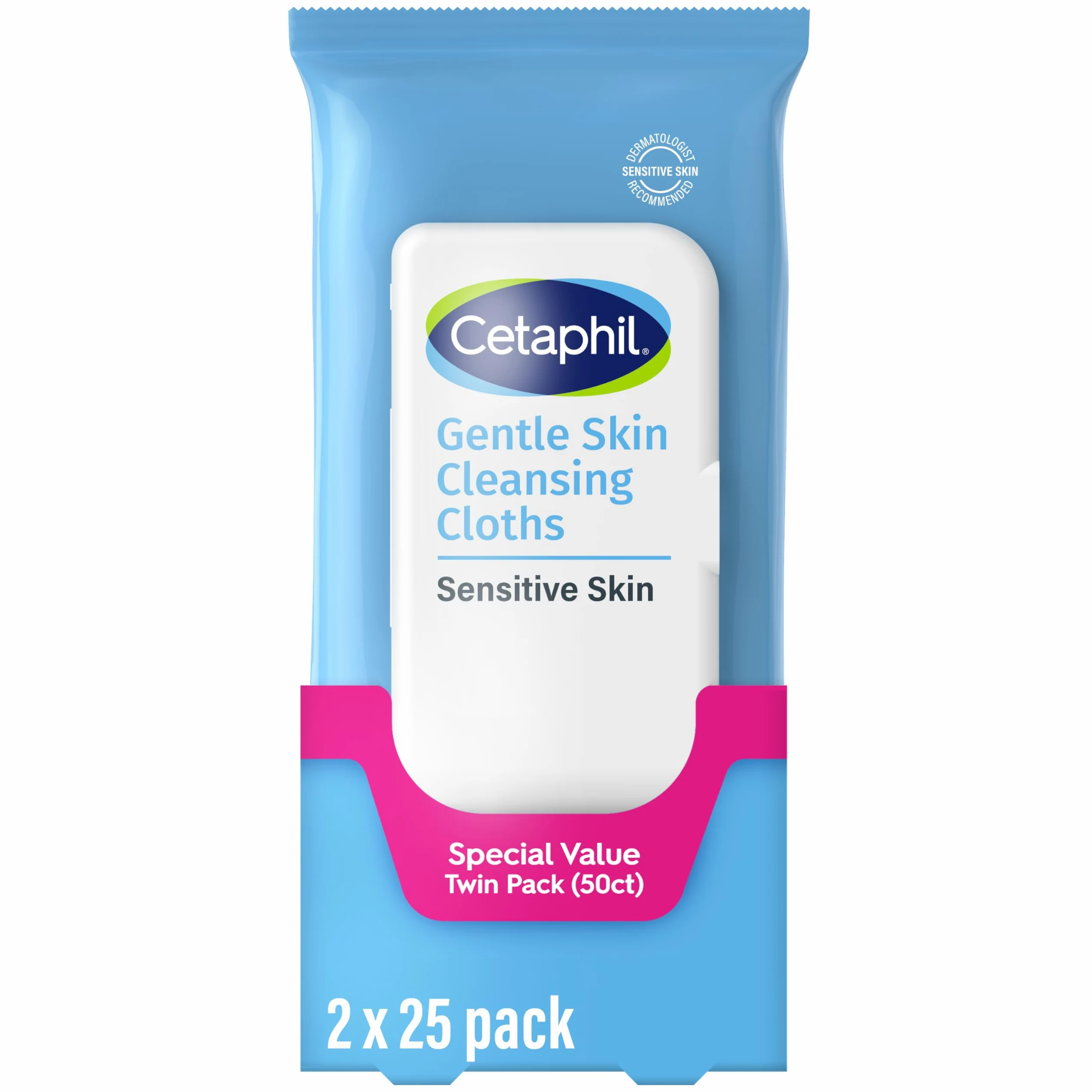Cetaphil Salviette detergenti per viso e corpo, confezione da 50, confezione doppia, per pelli sensibili e secche, chiusura a scatto, ideali per palestra, viaggi, auto, ipoallergeniche, senza profumo