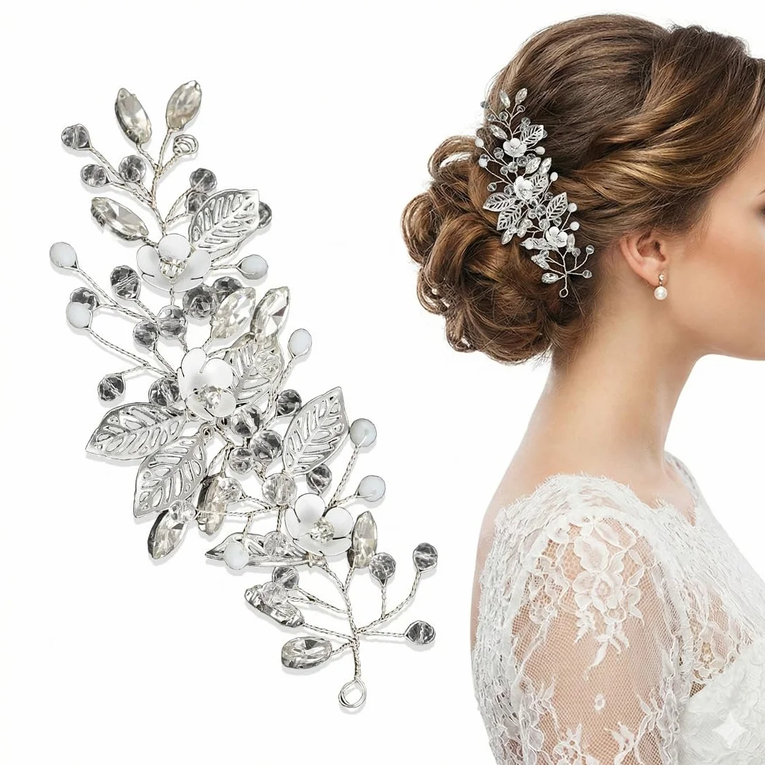 Pettinino per Sposa con Rami Fioriti, Accessori Capelli Eleganti per Cerimonia, Fermacapelli Decorativi per Donne & Ragazze (Argento)