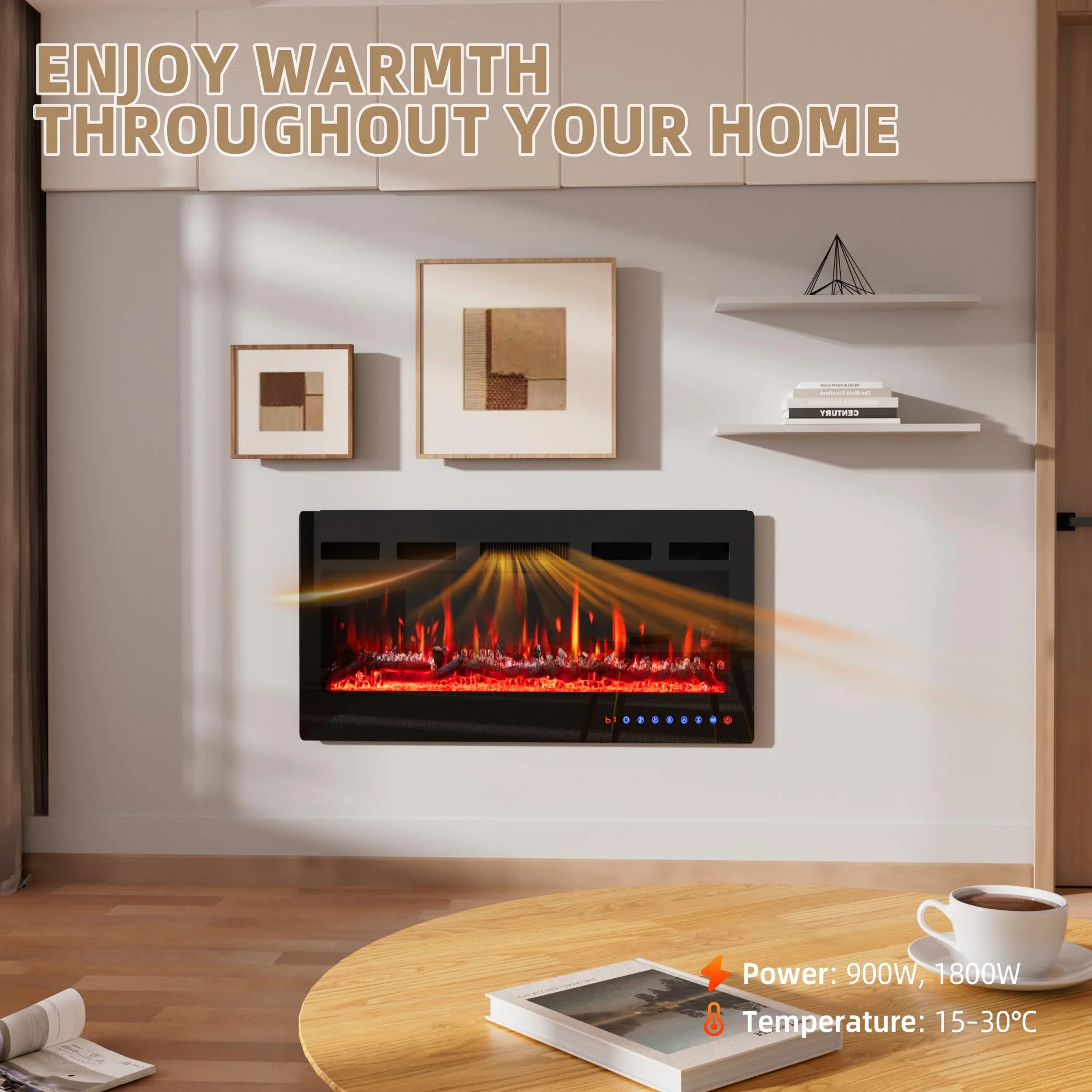 Camino Elettrico 92cm 900W/1800W Fiamma 12 Colori Scintillio Termostato Preciso 15-30°C Touchscreen Telecomando