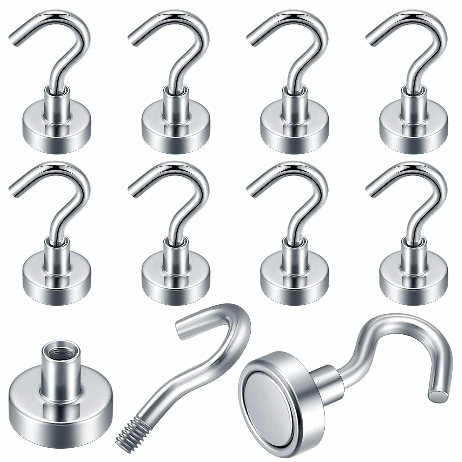 Ganci Magnetici Extra Forti 10 Pezzi, Magnete Neodimio Potente, Supporto Gancio Argento per Soffitto Frigorifero