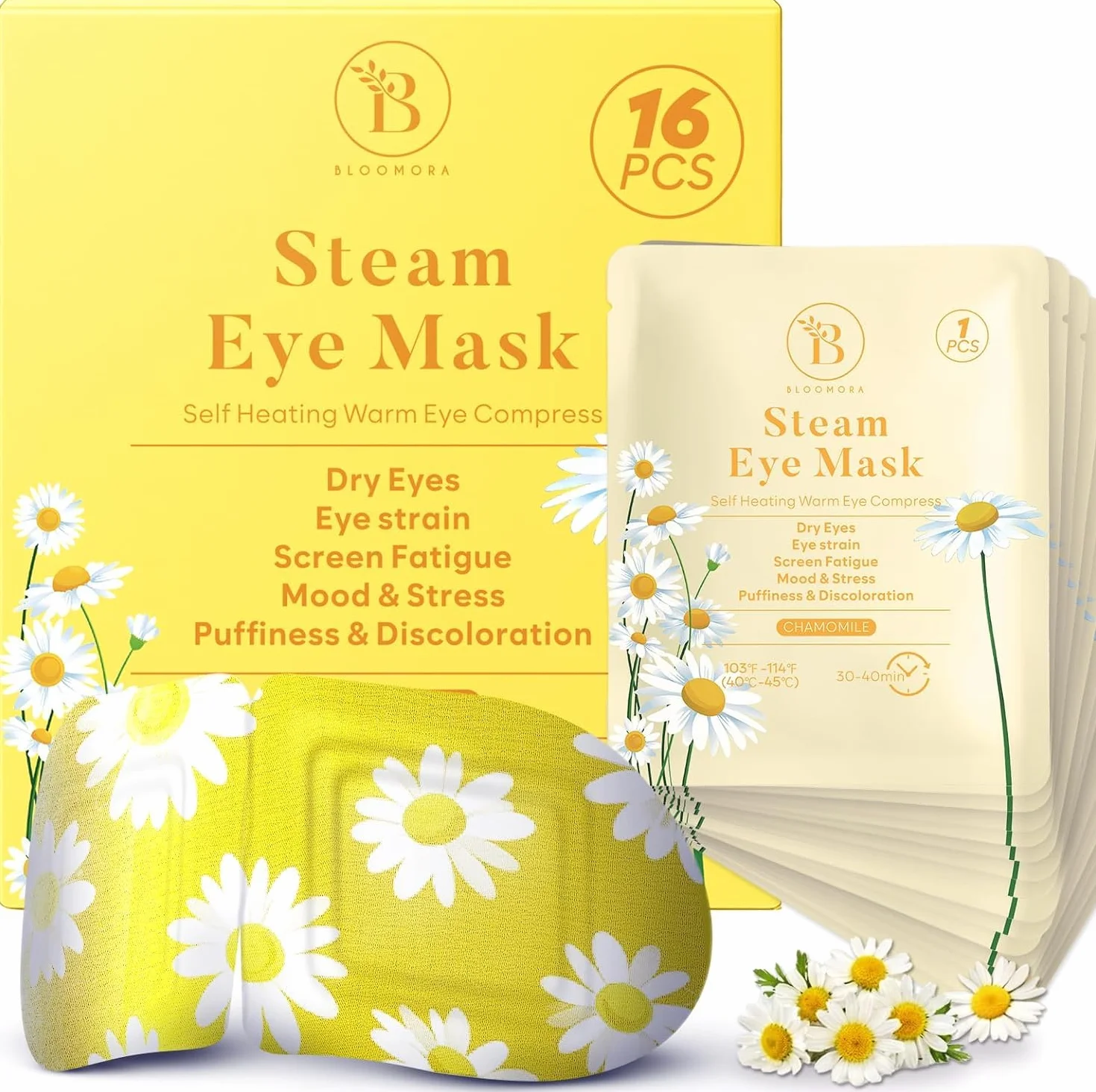 Confezione da 16 Maschere Riscaldanti alla Camomilla – Maschera a Vapore per Occhi Secchi, Gonfiore, Affaticamento e Rilassamento – Maschera Riscaldante Occhi Monouso per Sonno e Viaggio