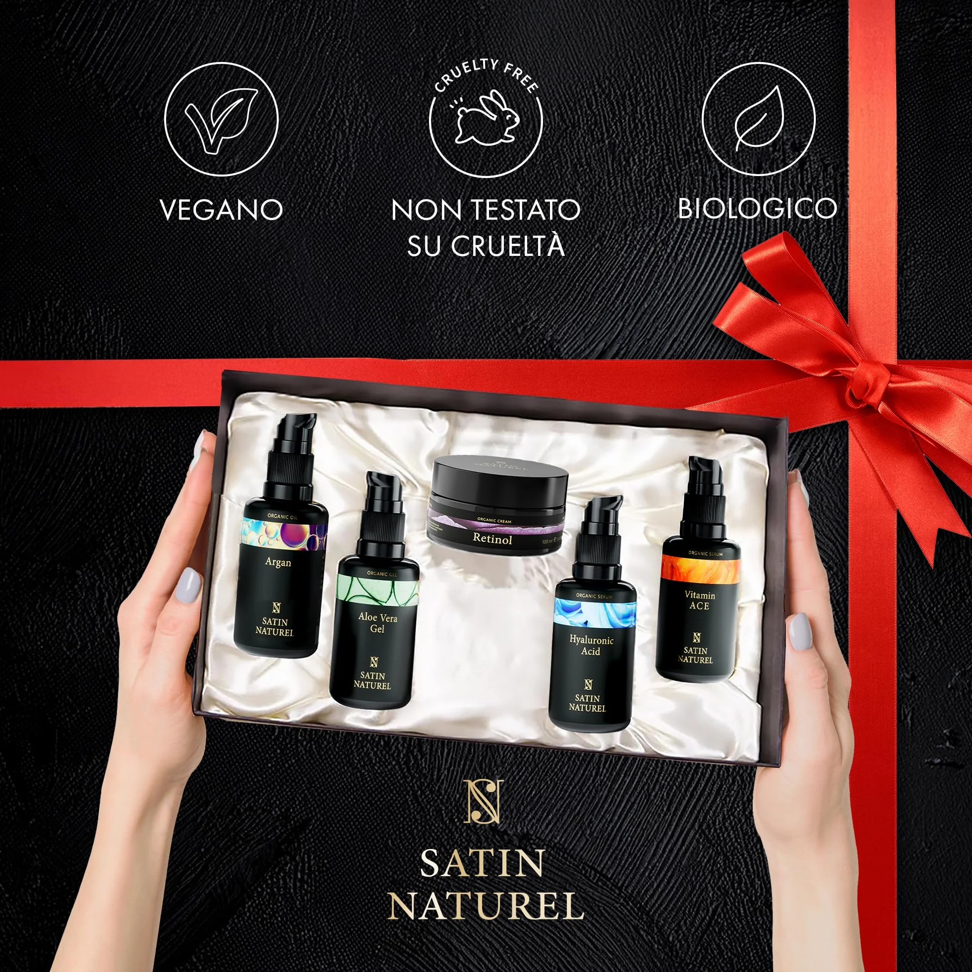 Satin Naturel Set Regalo per Donna – Routine Skincare 5x30 ml con Gel di Aloe Vera, Olio di Argan, Siero Vitamina C, Siero Acido Ialuronico & Crema Retinolo – Vegano in Confezione Regalo di Lusso