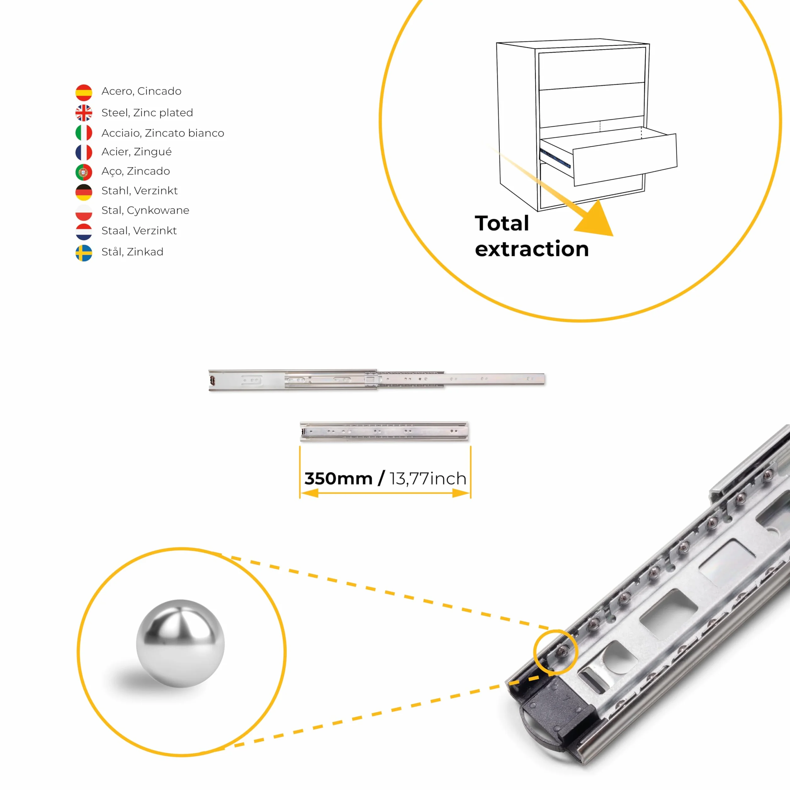 Emuca Guide/Binari con Cuscinetti a Sfere ad Estrazione Totale per Cassetto, 45 x 350 mm, Zincato