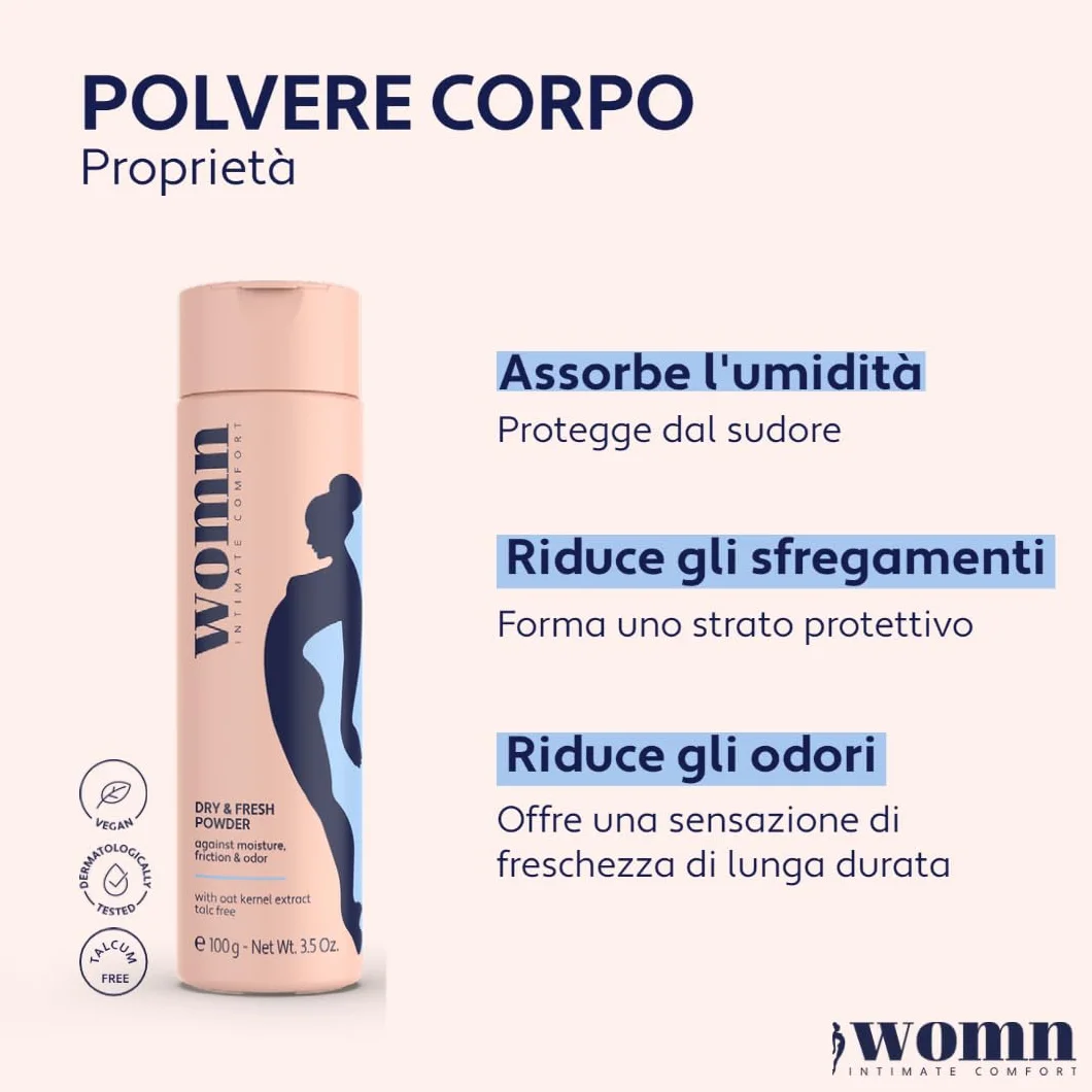 womn Dry & Fresh Powder 100 g – Polvere Corpo Senza Talco per Zona Intima, Inguine e Sotto il Seno – Assorbe il Sudore, Riduce Sfregamenti e Odori