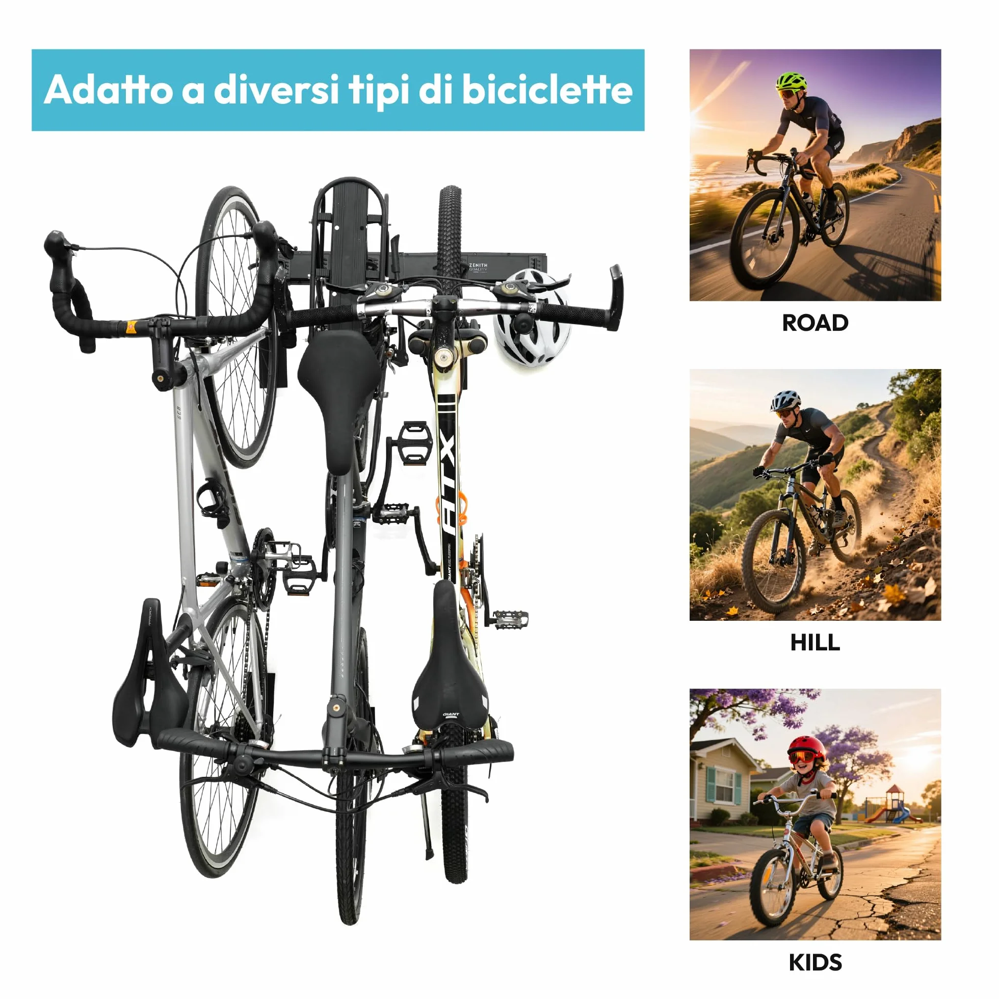 Porta Bici da Muro per 4 Biciclette e 3 Caschi, Portabici in Metallo con Ganci Resistenti fino a 136 kg