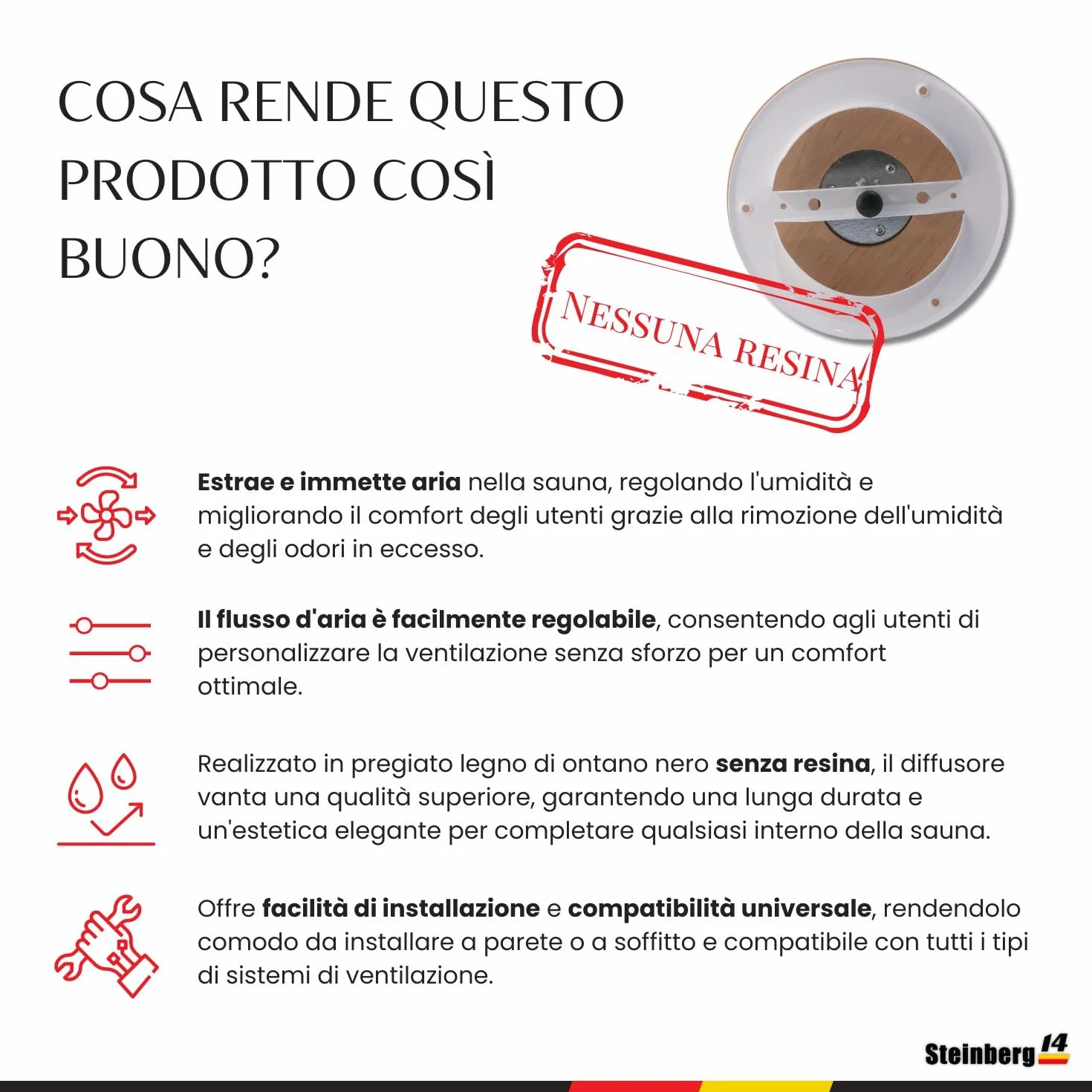 Steinberg14 Diffusore in Legno per Sauna 125mm Griglia di Ventilazione Valvola a Disco Regolata Copertura Condotto Rotondo