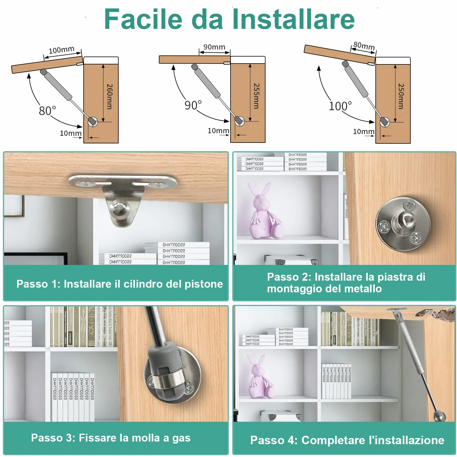 Ammortizzatori Molle a Gas per Ante Cucina 100N Pistoni 4 Pezzi Argento