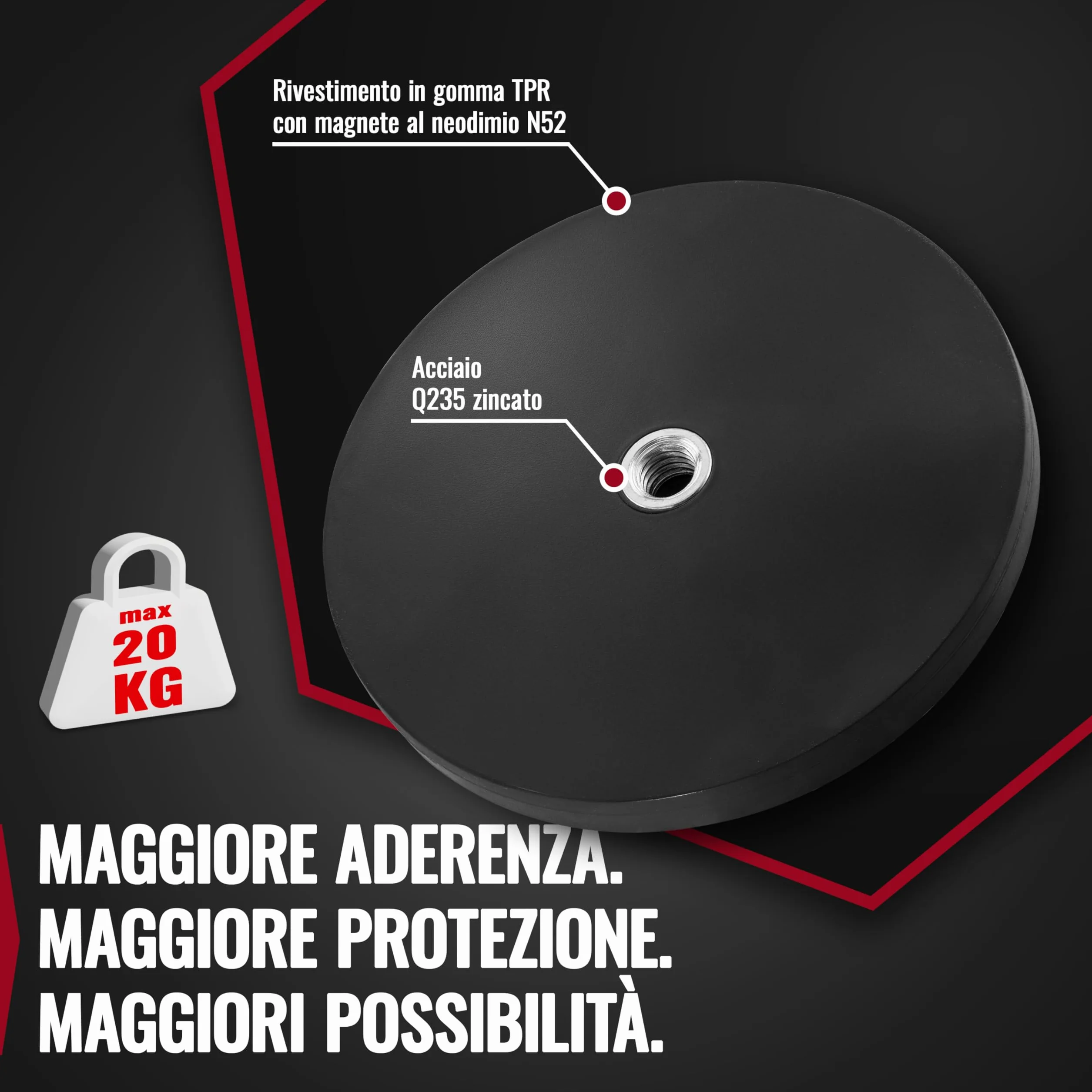 Poppstar 2x Magneti Gommati Neodimio Diametro 66 mm Filetto Interno M6 Forza 20 kg con Chiave e Viti