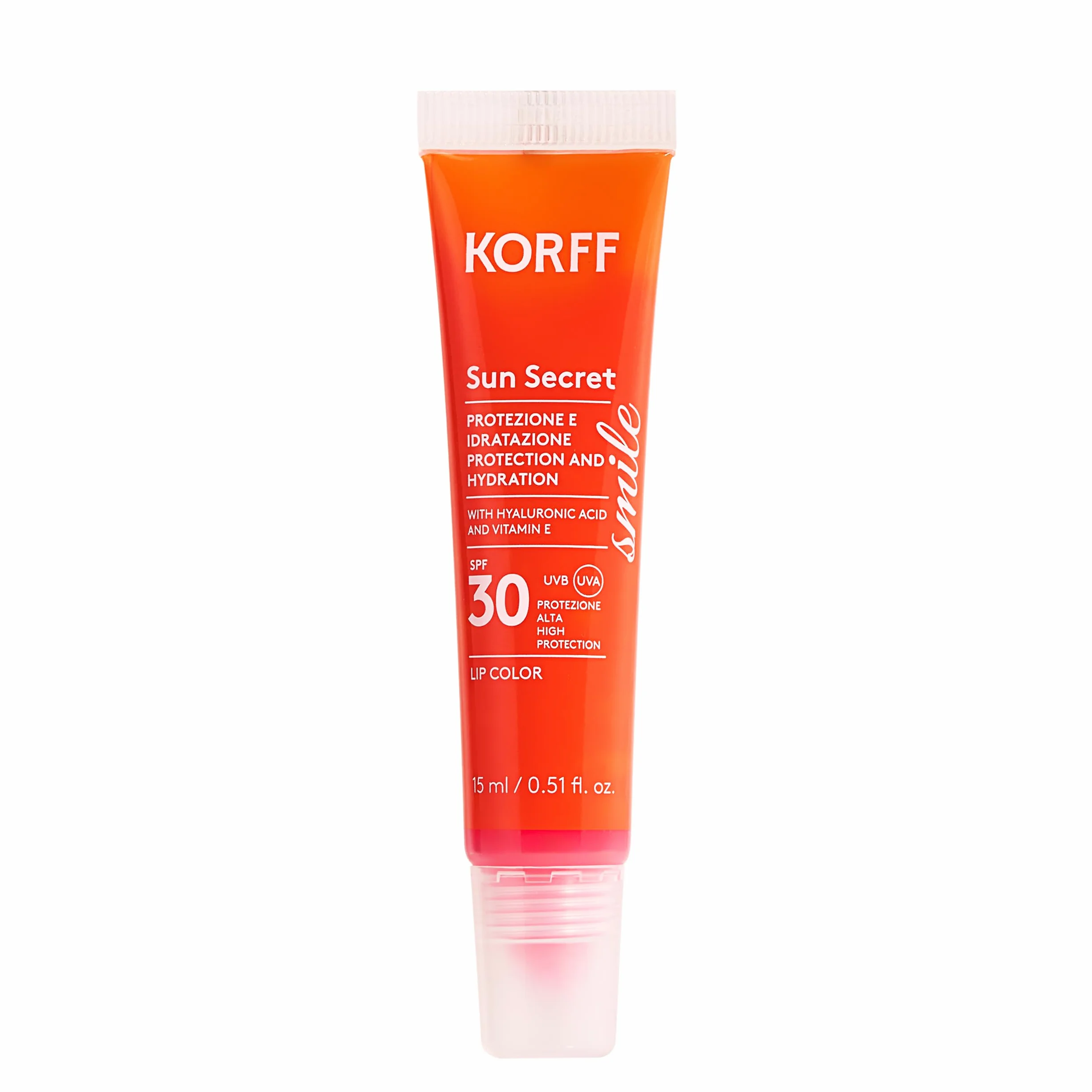 Korff Sun Secret Smile Lip Color SPF30, Stick Labbra Volumizzante e Idratante con Acido Ialuronico, Vitamina E e Burro di Karitè, Protezione Alta. Tonalità 02 Raspberry Pink, 15 ml