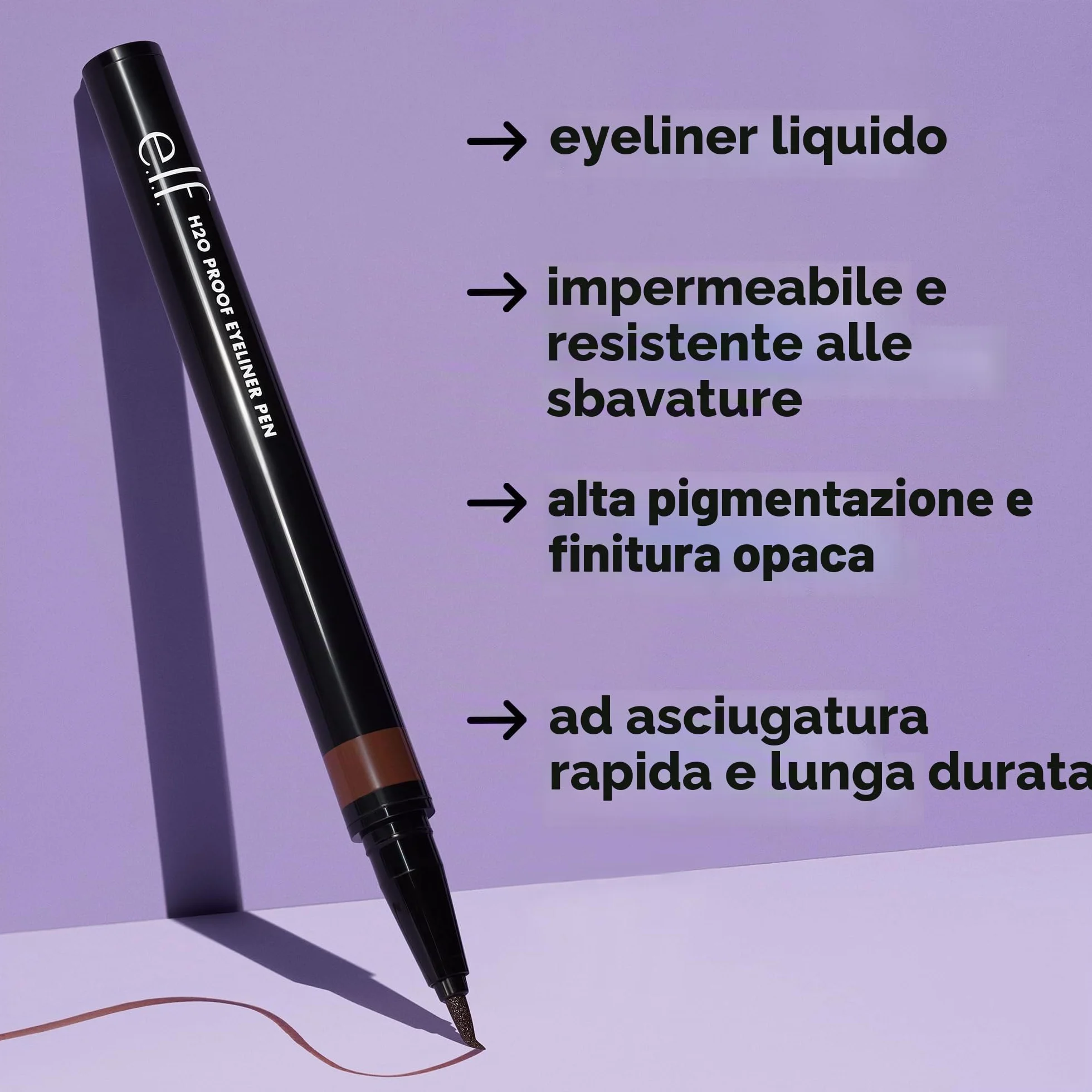 e.l.f. H2O Proof Eyeliner Pen, punta in feltro, formula liquida waterproof, Jet Black, 0,7 mL (0,02 fl oz)