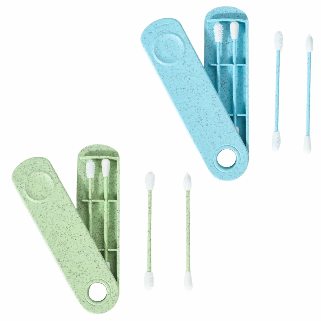 4 Pezzi Cotton Fioc Riutilizzabile per Pulizia Orecchio Tampone Riutilizzabile Spirale a Doppia Estremità con 2 Supporti da Viaggio, Cotton Fioc Riutilizzabili, Coton Fioc, Verde e Blu