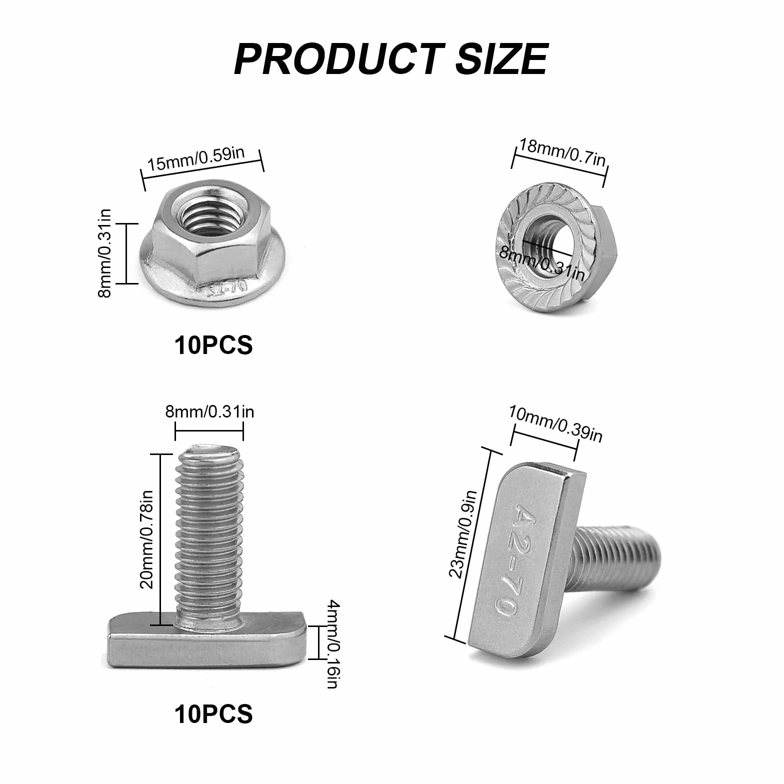 Viti a Testa Martello M8 x 20 mm T Bolt Bullone con Dadi a Flangia M8 per Moduli in PVC, Profilo Alluminio Fotovoltaico