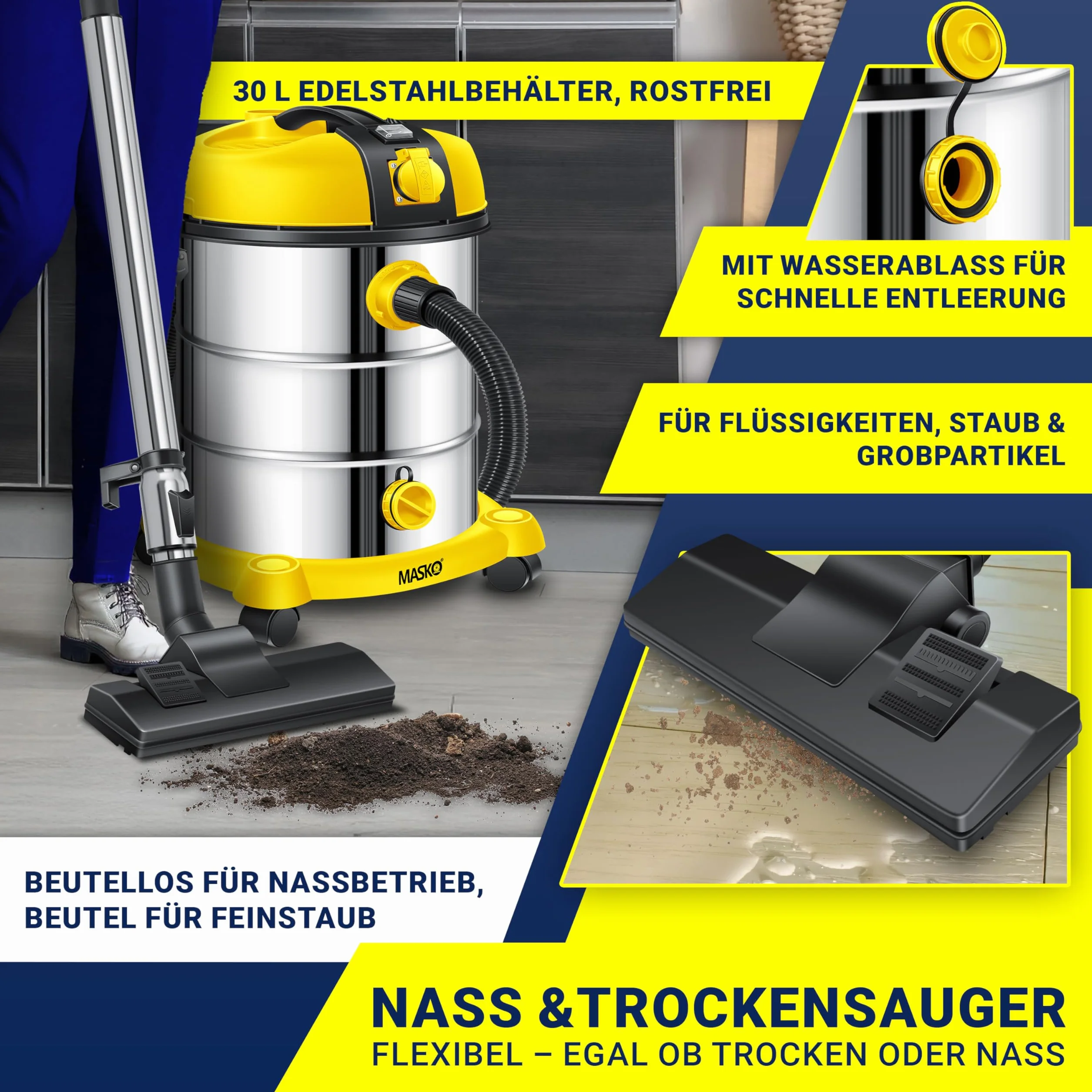 Masko Aspirapolvere industriale acciaio inox 2300 W presa corrente aspirazione secco umido soffiaggio Push&Clean Giallo