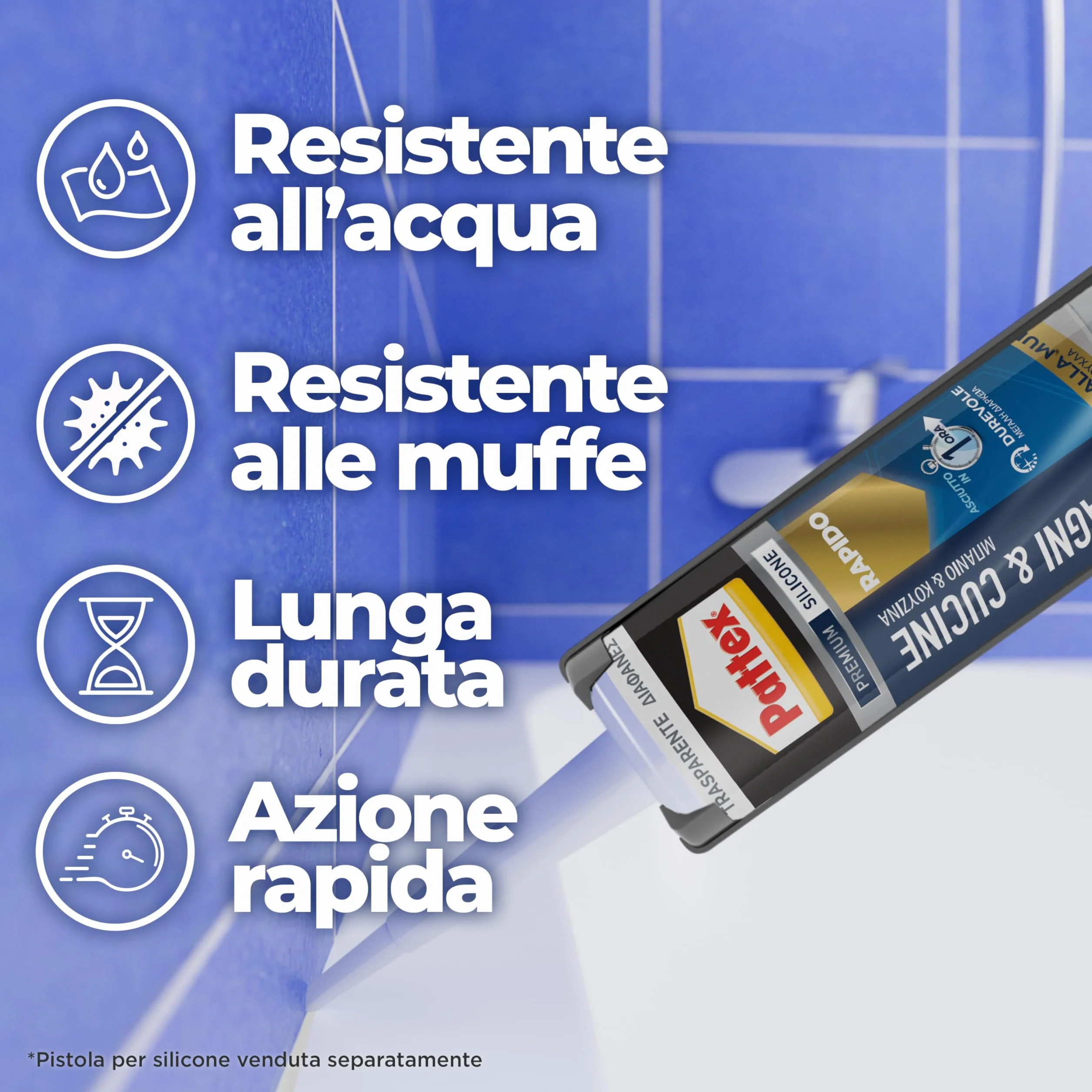 Pattex Bagni&Cucine Rapido Trasparente, Silicone sigillante trasparente ad asciugatura rapida, impermeabile antimuffa 1x300ml