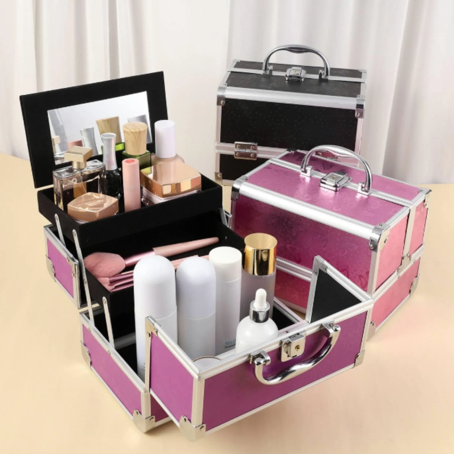 Beauty Case con Specchio Portatile Valigia Porta Trucchi con Specchio Rigida Valigetta Trucco per Truccatori, Studenti di Estetica, Casa, style to 3, Array, Rosa Farfalla
