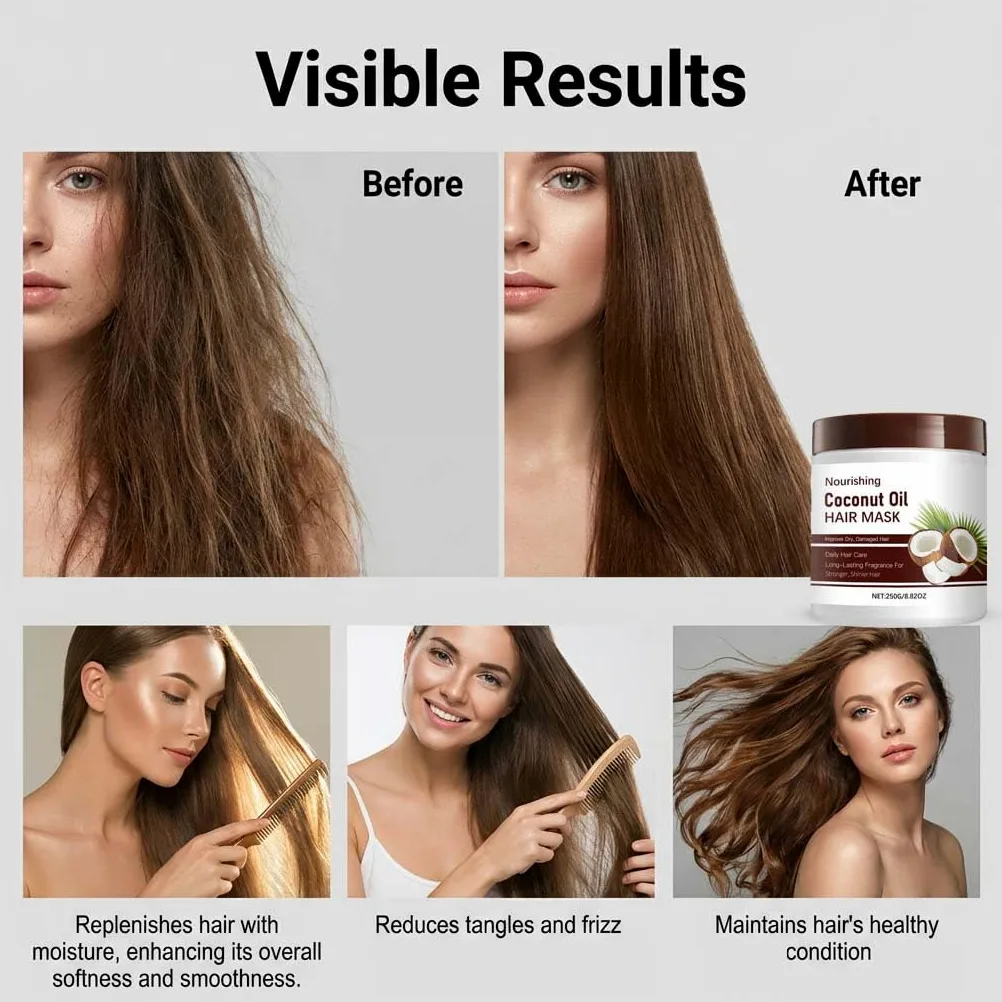 Maschera per capelli con olio di cocco per capelli danneggiati, cura profonda con vitamina E, rinforzante e idratante, nutriente, arricciante, lucida, morbida ed elastica per le donne (3 pezzi)