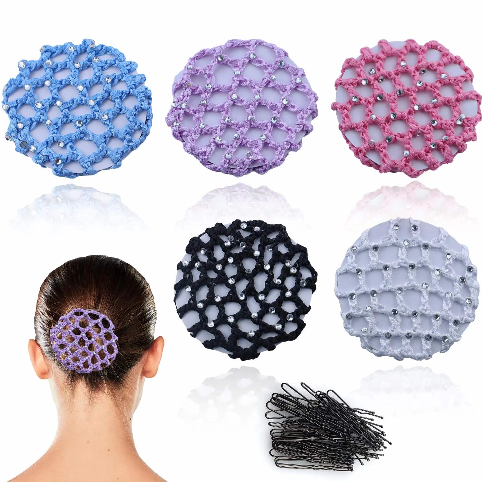 Rete per capelli, 5 pezzi con 50 mollette a forma di U, Retina per capelli con strass, adatta a tutti i tipi di capelli, Nero, Viola, Blu, Rosa, Bianco