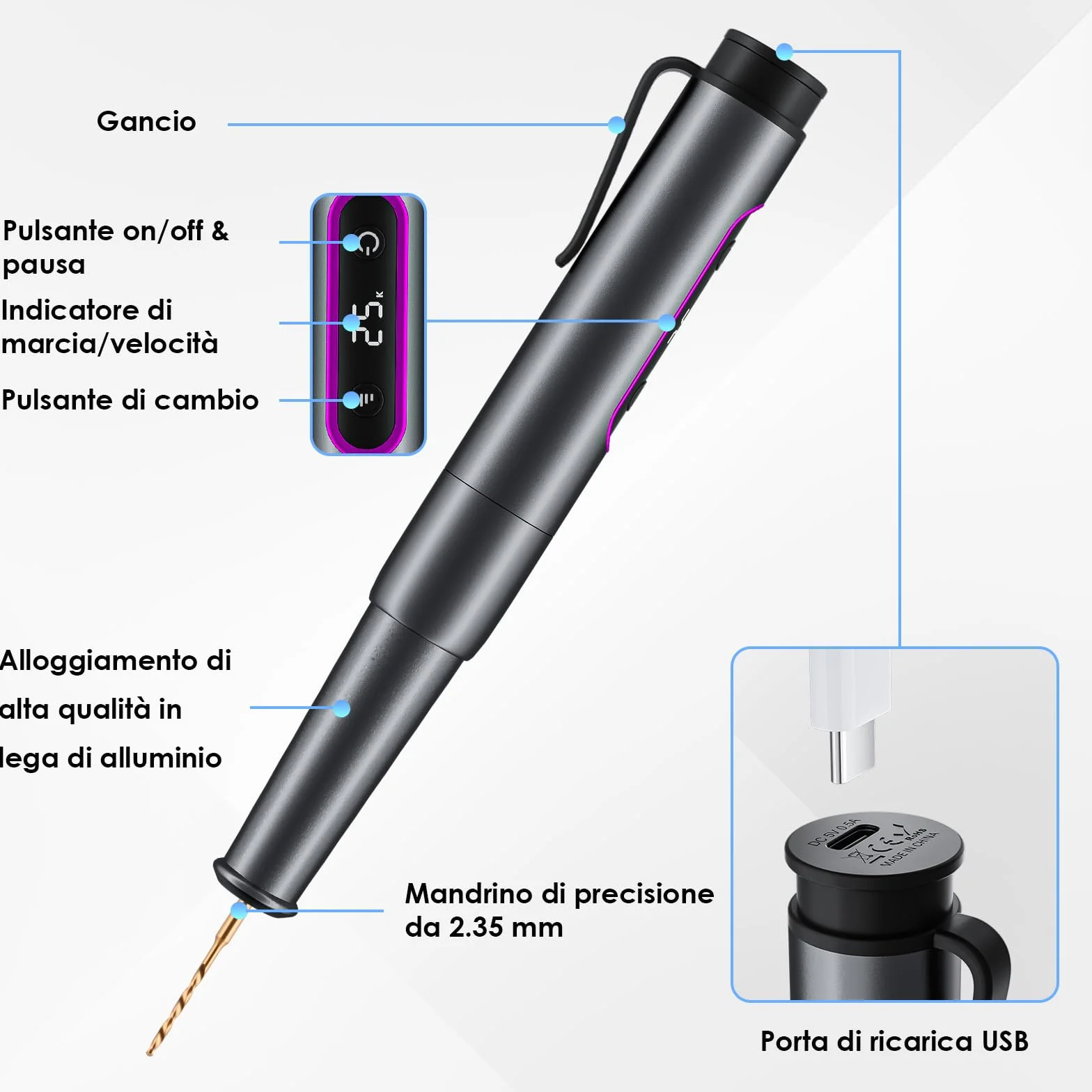 Diealles Shine Mini Trapano Elettrico a Batteria con 10 Punte, 5 Velocità, Ricarica USB per Gioielli/Legno/PCB