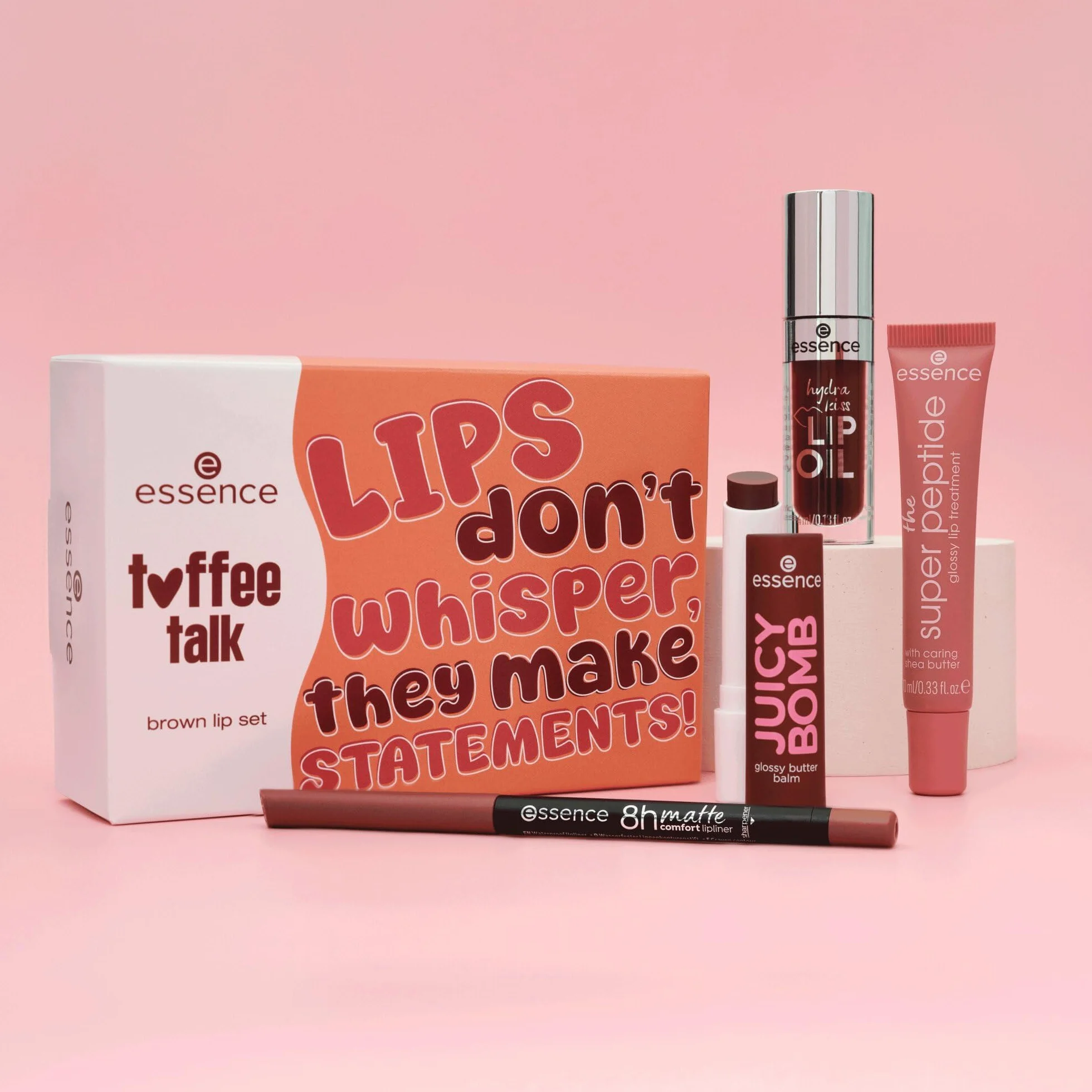 essence set labbra toffee talk brown, naturale, lucida, traslucida (1pcs)