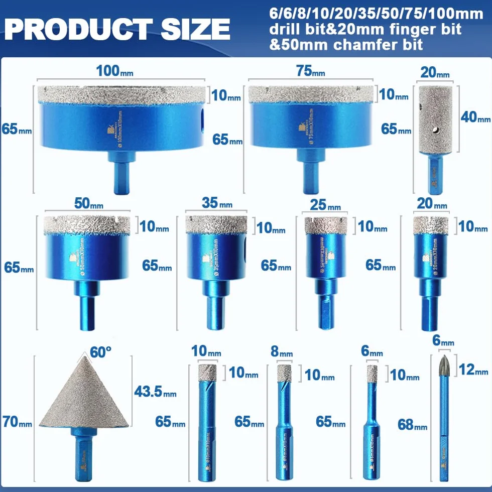 Punta per Trapano Diamantata Set 6-100mm Frese Diamantate per Porcellana Granito Piastrella Marmo Taglio a Secco