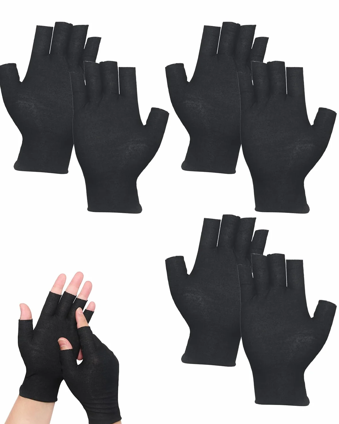 3 paia Guanti senza dita in cotone,Guanti da fitness sottili,Protezione UV estiva per mezze dita,Guanto in stoffa,Guanti in tessuto certificati e delicati sulla pelle-Nero