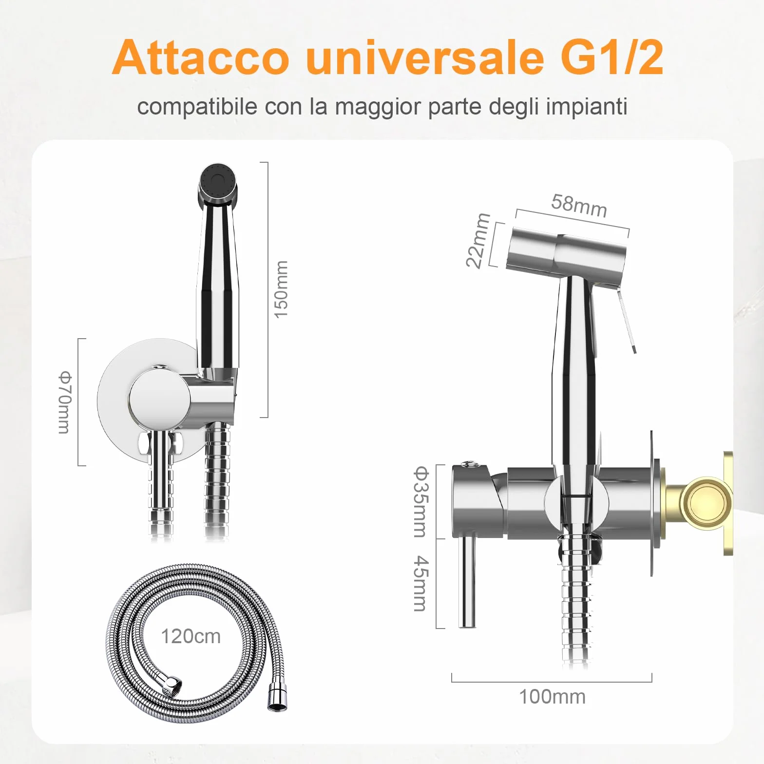 GRIFEMA Miscelatore Bidet Portatile Acqua Calda e Fredda Cromo Argento M22004