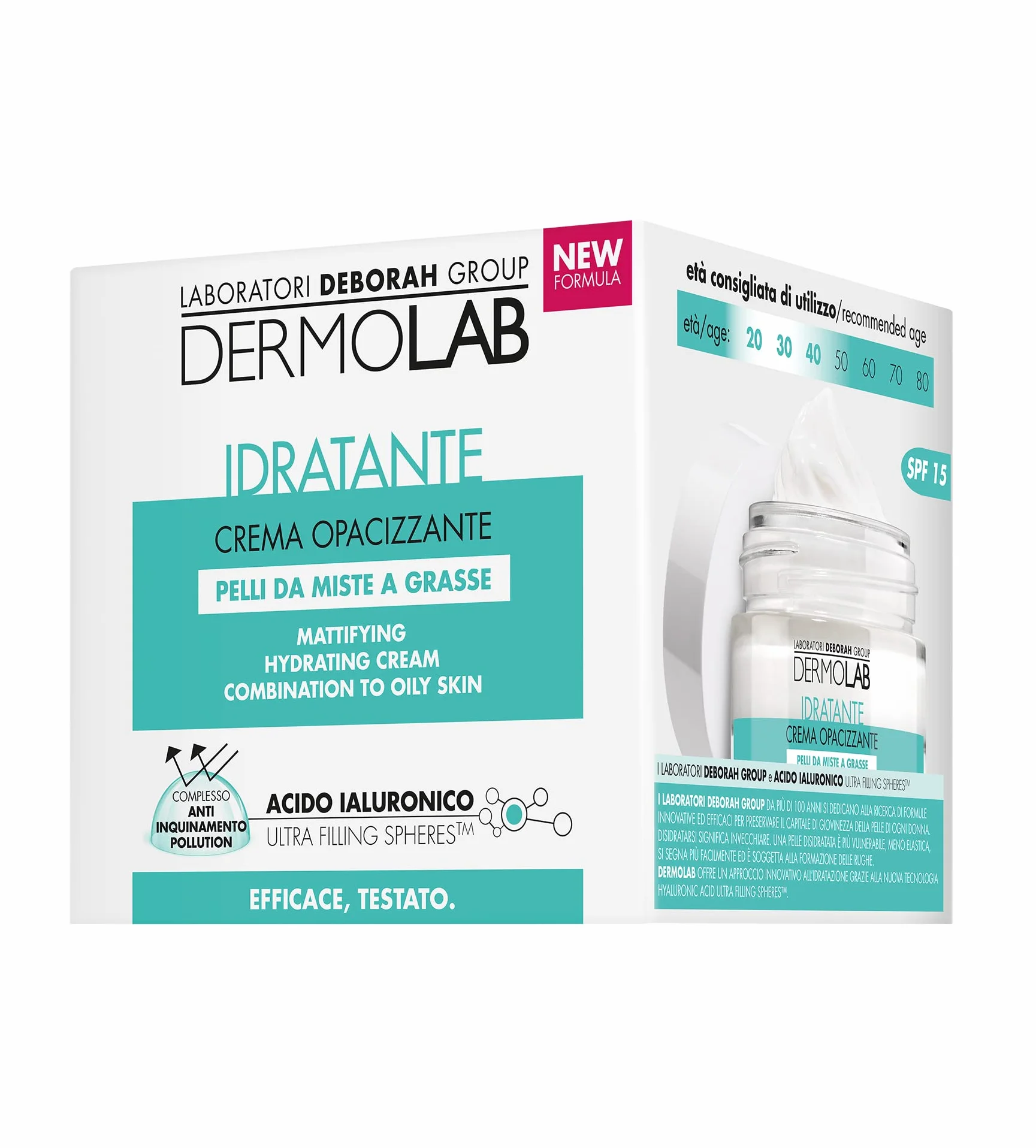 Dermolab - Crema Viso Idratante Opacizzante, per Pelle Mista e Grassa, con Pool di Acido Ialuronico, Effetto Matte e Antiossidante, Rimpolpa in Profondità, SPF 15, 50 ml