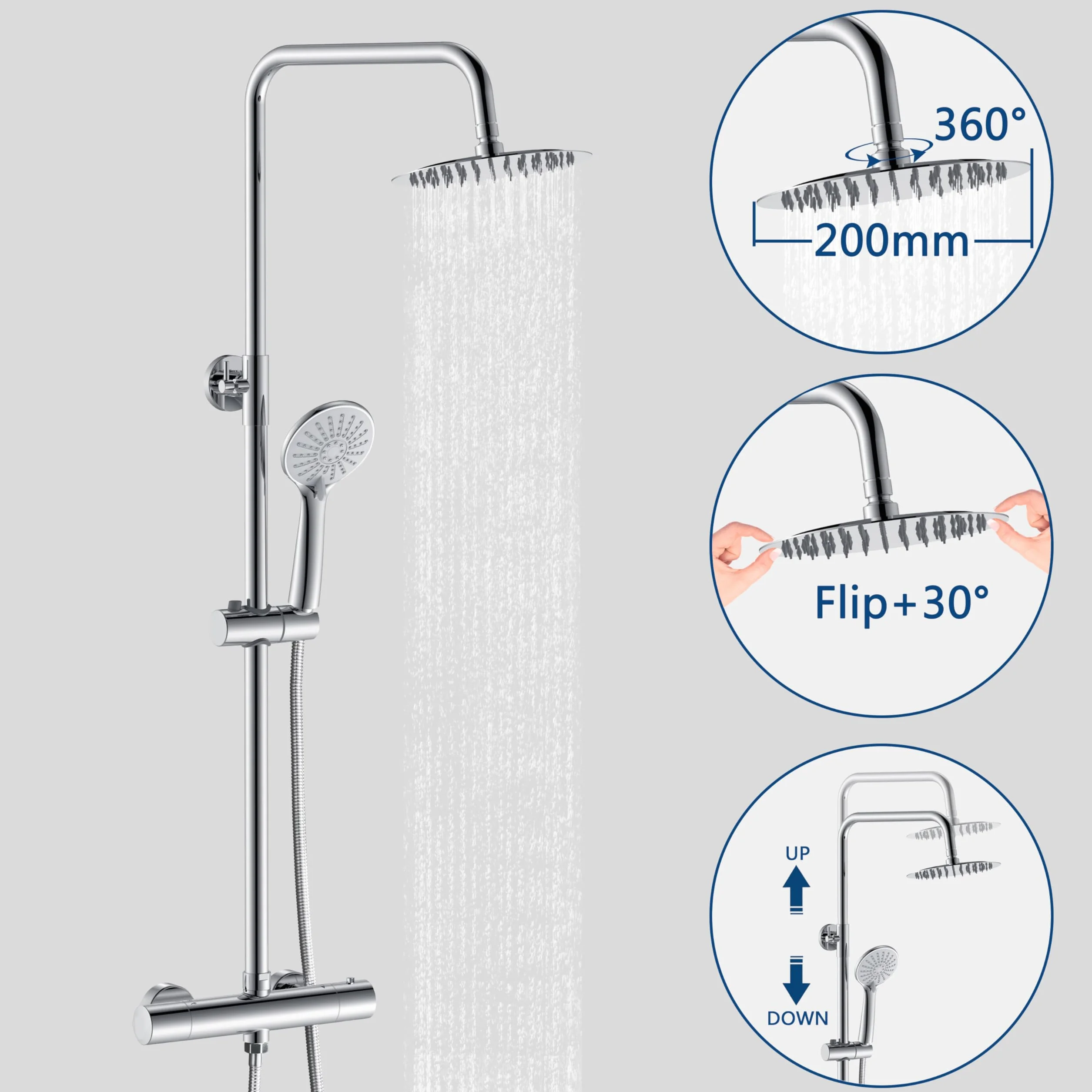 OCEAN ITALY Colonna Doccia Termostatico Set Soffione Rotondo Acciaio INOX Asta Saliscendi Regolabile
