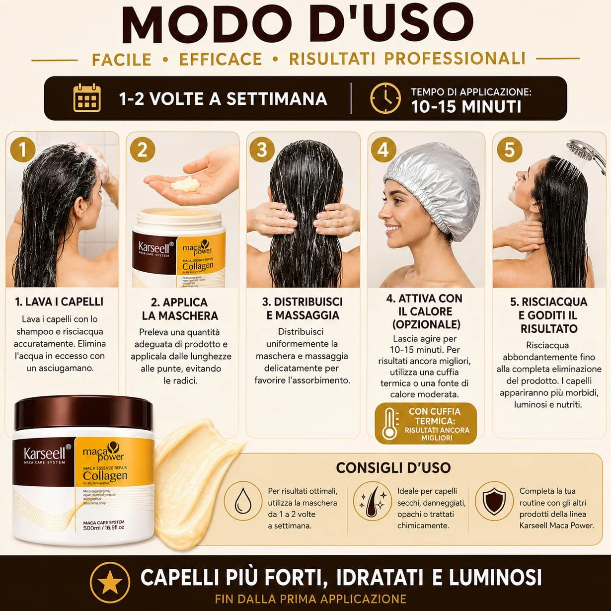 Karseell MACA CARE SYSTEM Maschera Capelli Professionale Collagene Olio Argan Cocco Avocado Cheratina Karité Ristrutturante Nutriente Idratante Anticrespo Capelli Secchi Danneggiati Rovinati 500ml
