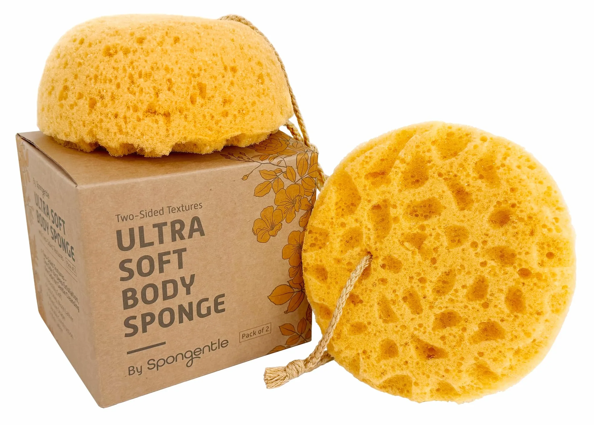 Spongentle Spugna di luffa per la pulizia profonda del corpo, per bagno e doccia, texture multiple per un'esfoliazione delicata e profonda, con colore naturale, schiuma generosa e ricca (confezione da