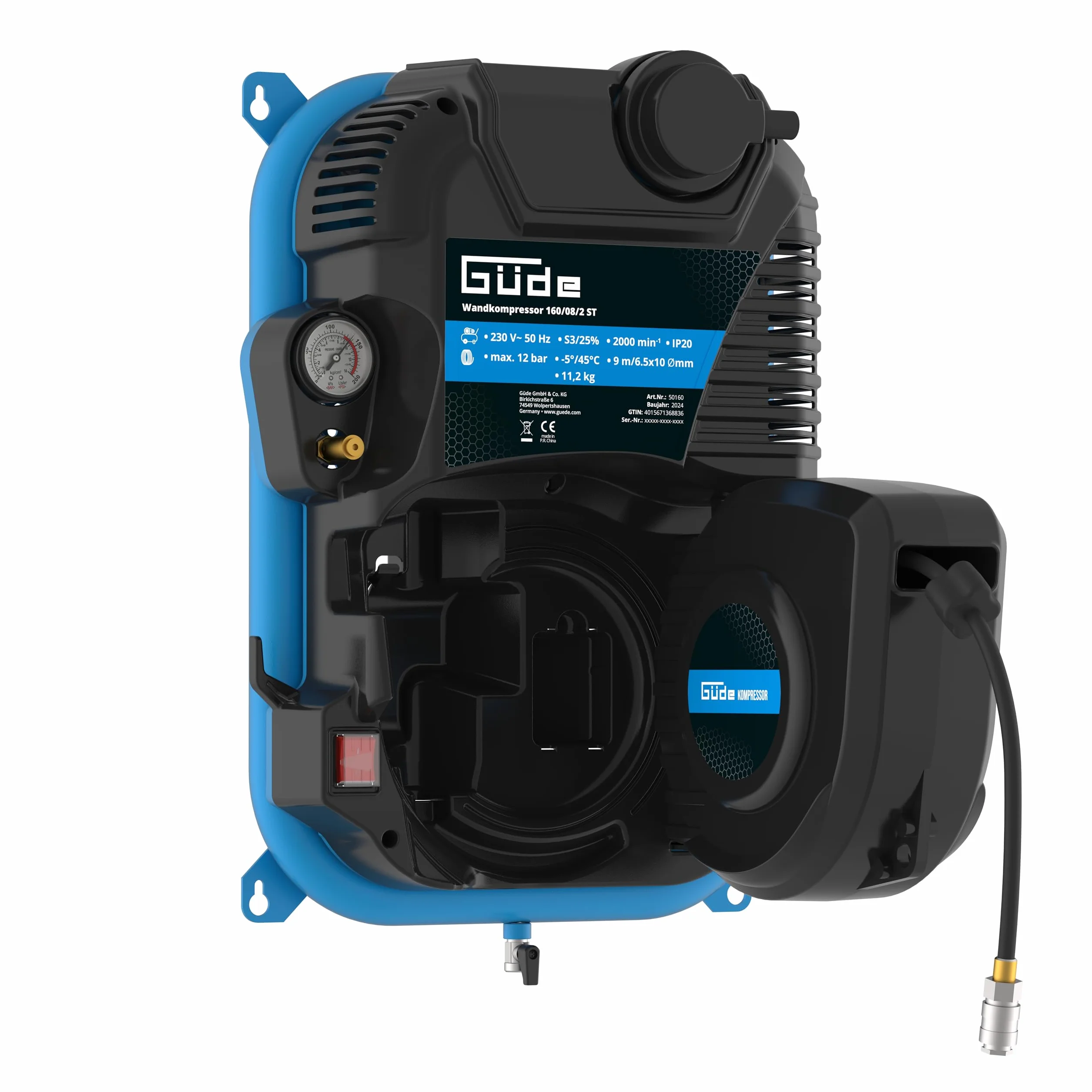 Güde Compressore da parete 160/08/2 ST 1100 W 230 V 8 bar 90 l/min montaggio a parete avvolgitubo automatico