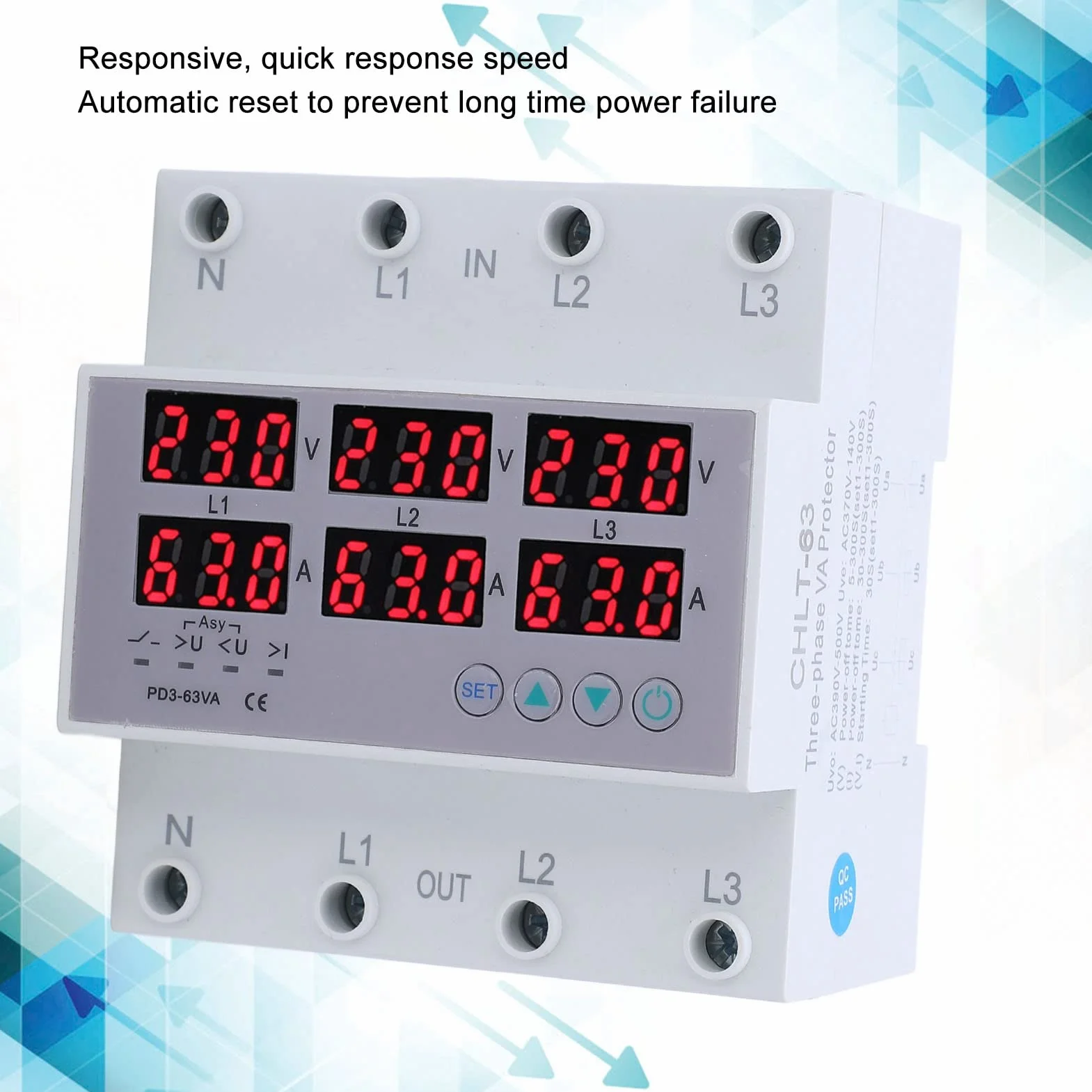 Voltmetro trifase AC 390-500V guida DIN 63A amperometro protezione sovratensione sottotensione regolabile