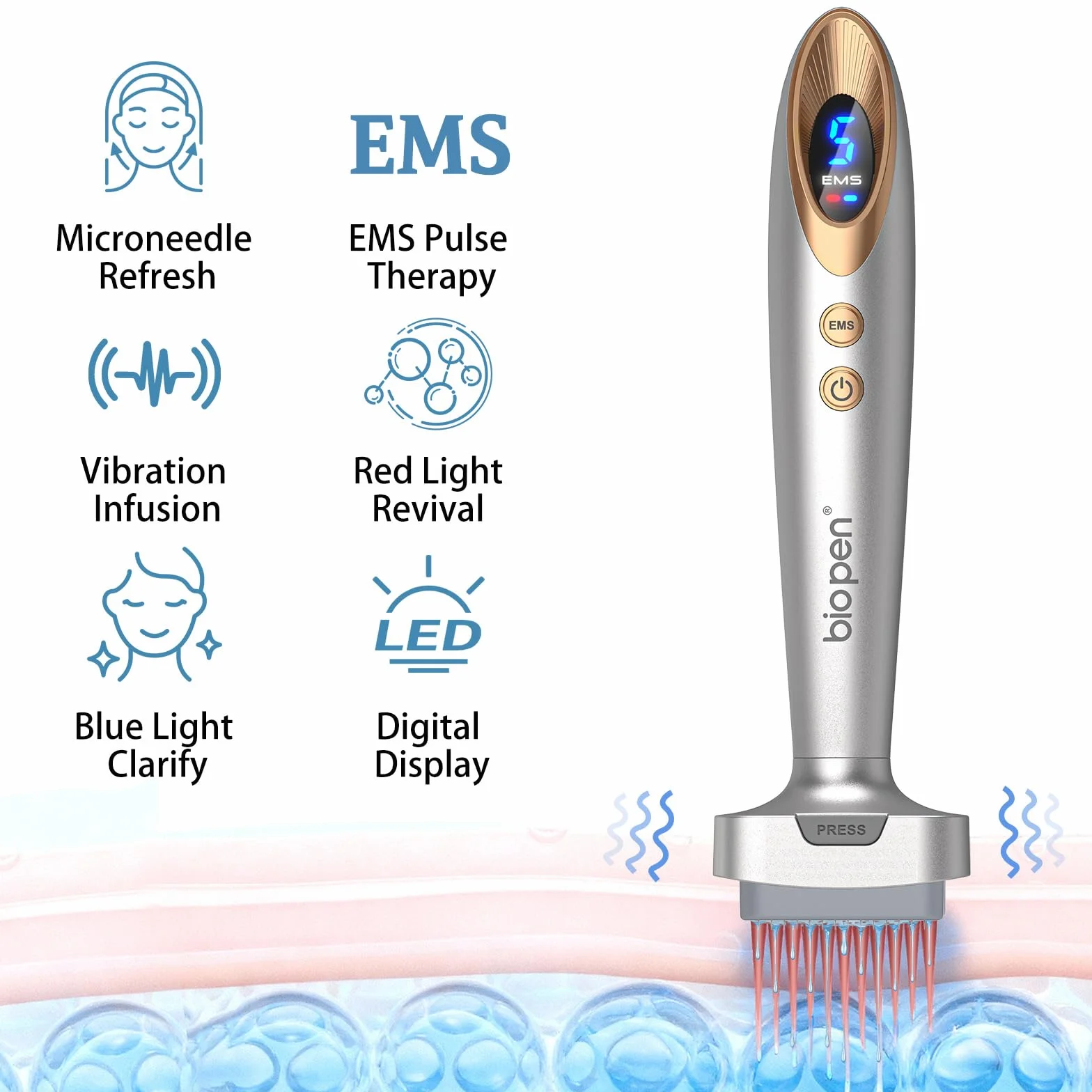 Microneedling Stamp Bio 6 – Derma Stamp Professionale 4 in 1 con Microneedling, EMS, Terapia Luce Rossa/Blu, Massaggio Vibrante– Ringiovanimento Viso, Anti-Età, Crescita Capelli