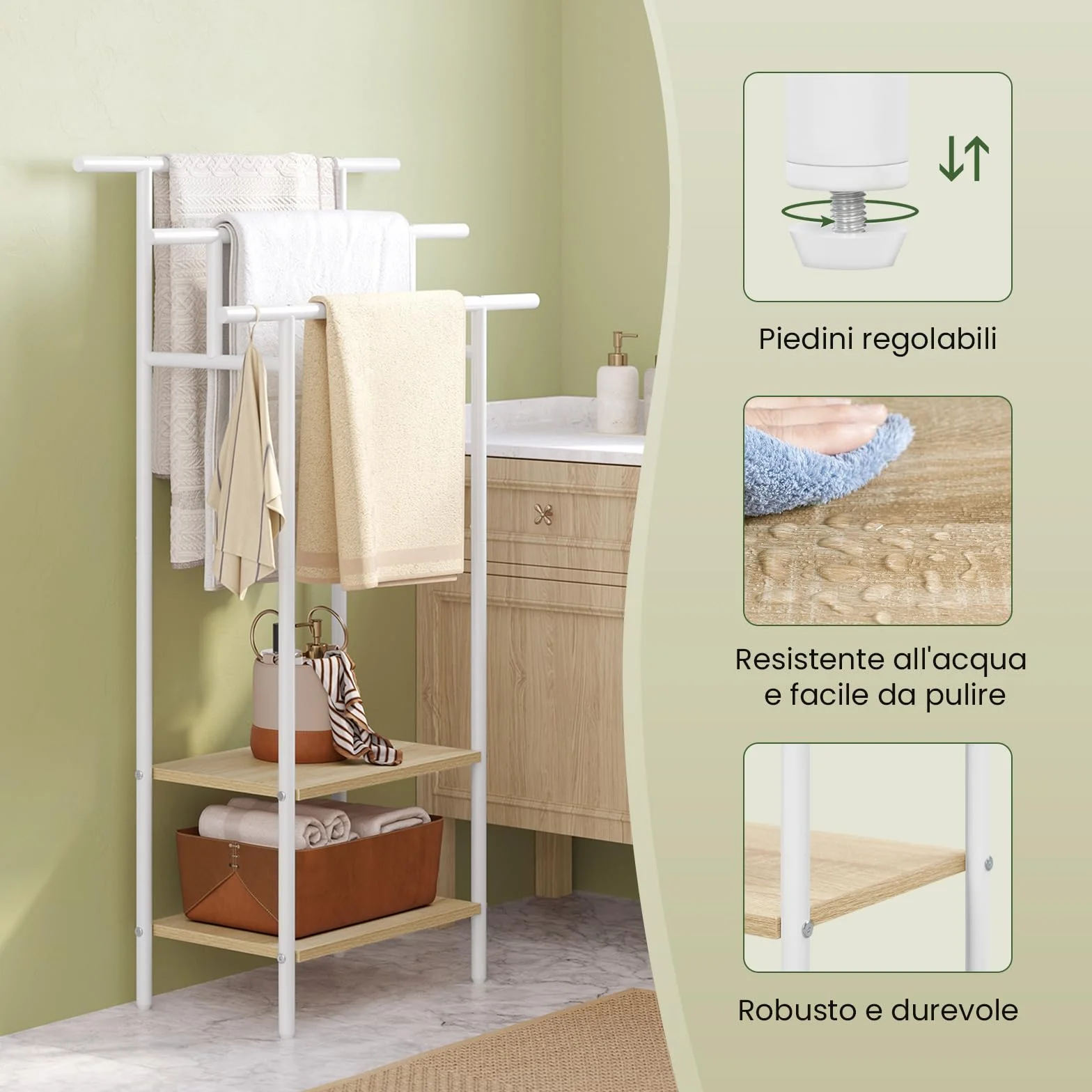 Portasciugamani Indipendente a 3 Livelli, Metallo Bianco + Legno Massello Effetto Rovere