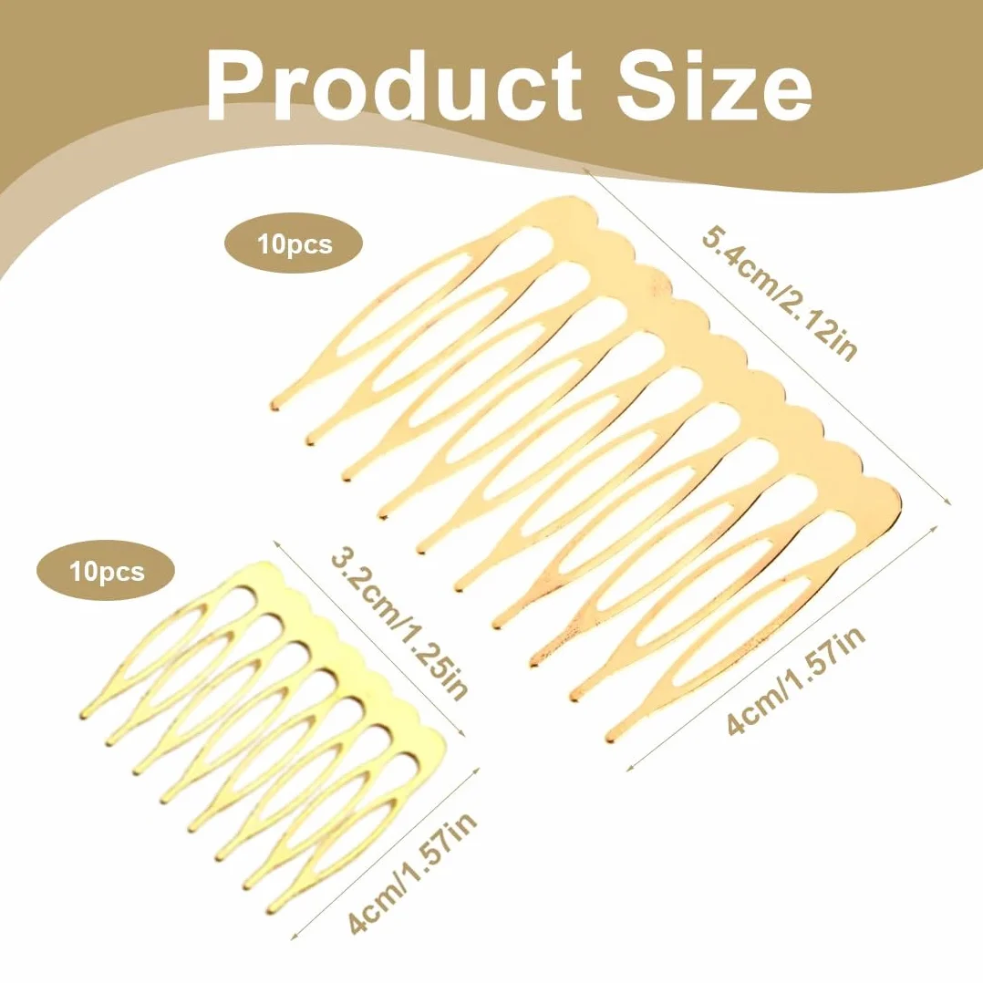 20 Pezzi Pettini Laterali in Metallo 10 & 6 Denti, pettinini per Velo, Lato per Capelli per Capelli da Donna Francese con Denti per Accessori per Capelli con Clip per Chignon Argentato & Oro