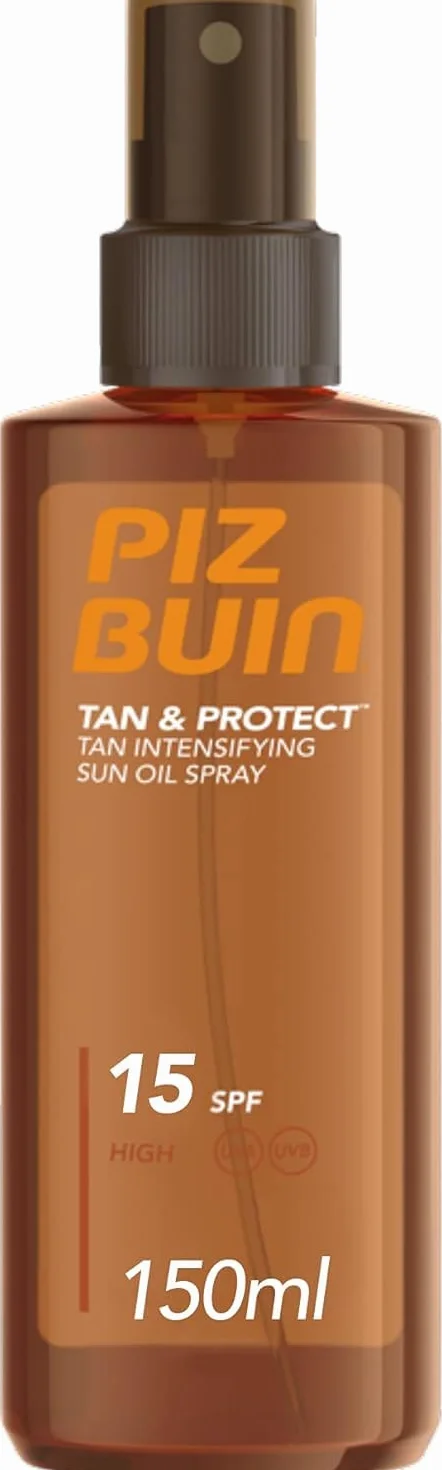 PIZ BUIN Tan & Protect Olio Spray Solare Intensificatore dell'Abbronzatura SPF 15, Olio abbronzante corpo spray con Illumitone, Protezione solare 15 con filtro solare UVA/UVB, 150 ml