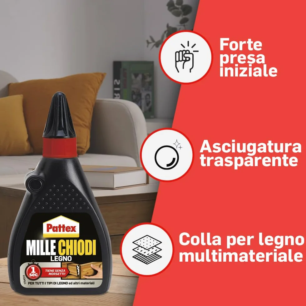 Pattex Millechiodi Legno Colla per legno trasparente presa a ventosa flacone 100g
