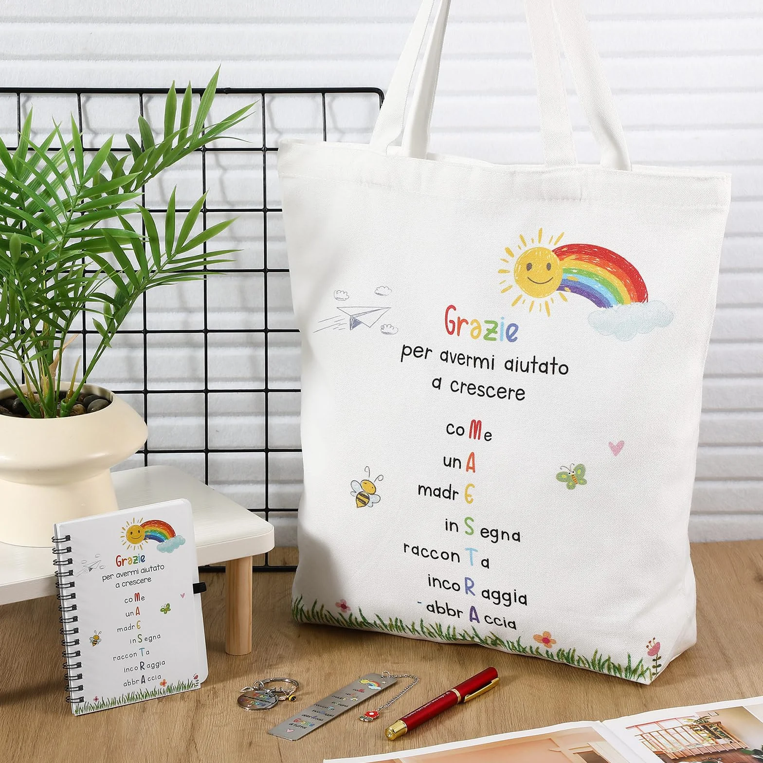 Hestya 5 Pezzi Regalo di Ringraziamento per Insegnante Include Borsa a Tracolla Blocco Note a Spiralato Portatile Portachiavi Segnalibri Penne a Sfera Regalo Maestre Fine Anno