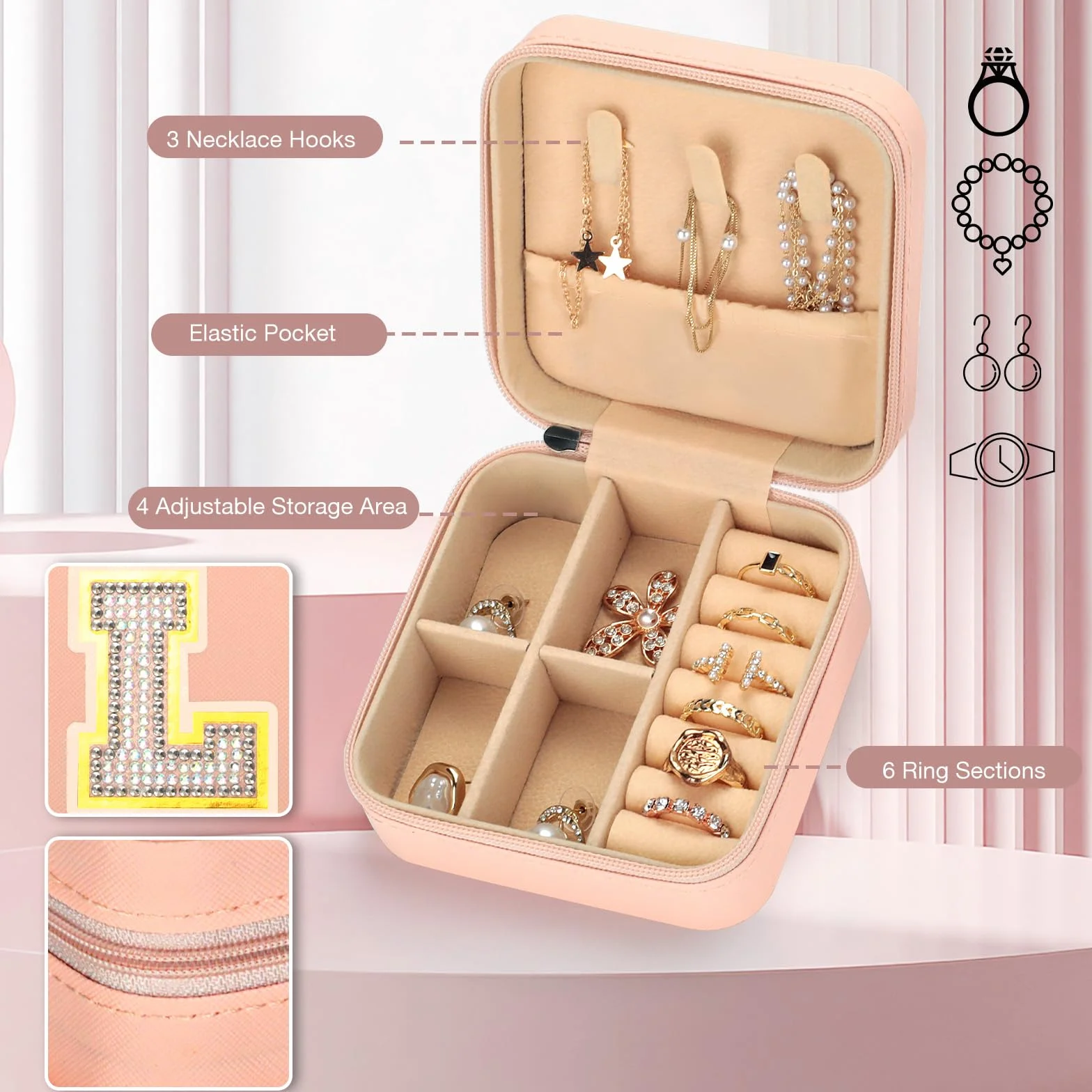 VINATO Portagioielli Personalizzabile con Lettere Diamantate 10x10x5 cm DIY Scatola Porta Gioielli da Viaggio in Pelle PU Rosa