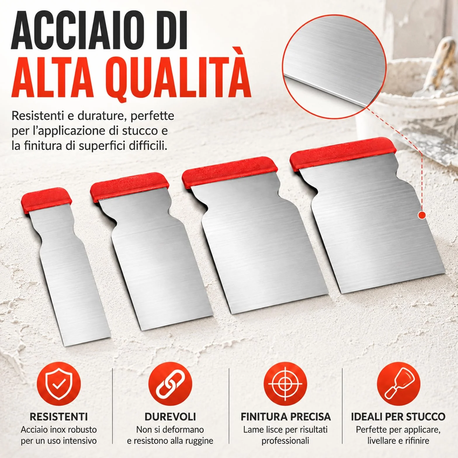 Set 4 Spatole Giapponesi in Acciaio 47/70/87/105 mm per Verniciatura Stuccatura Rasatura