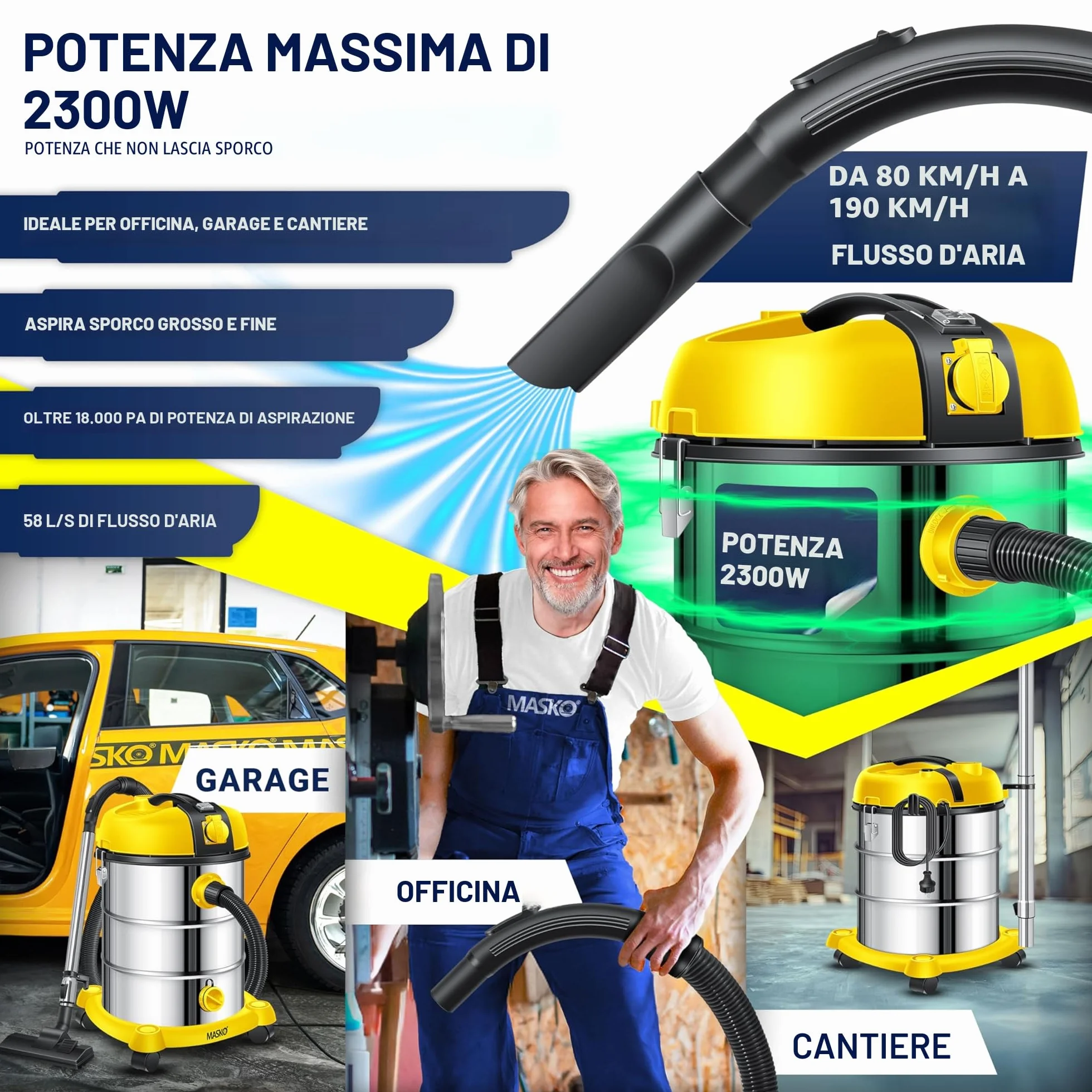 Masko Aspirapolvere industriale acciaio inox 2300 W presa corrente aspirazione secco umido soffiaggio Push&Clean Giallo