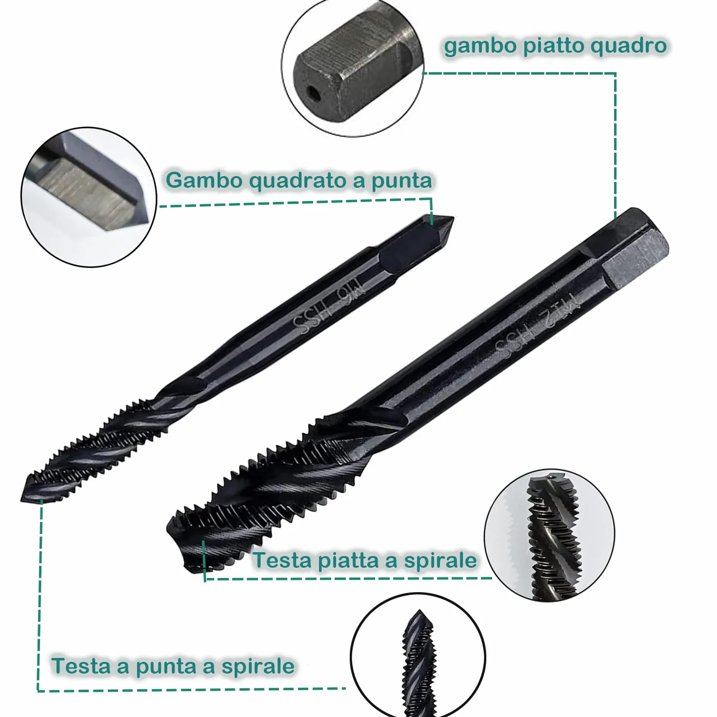 Maschi a filettatura interrotta a spirale in nitruro HSS 6542 M3 M4 M5 M6 M8 M10 M12 Set 7 pezzi per metallo legno
