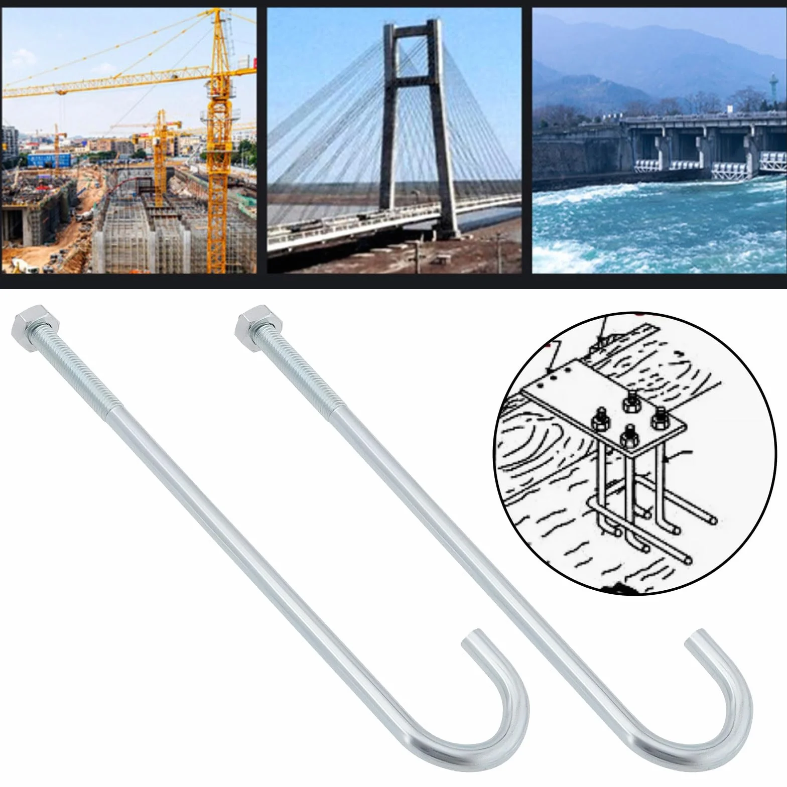 Bulloni a gancio M10 filettati gambo lungo 250 mm industriali