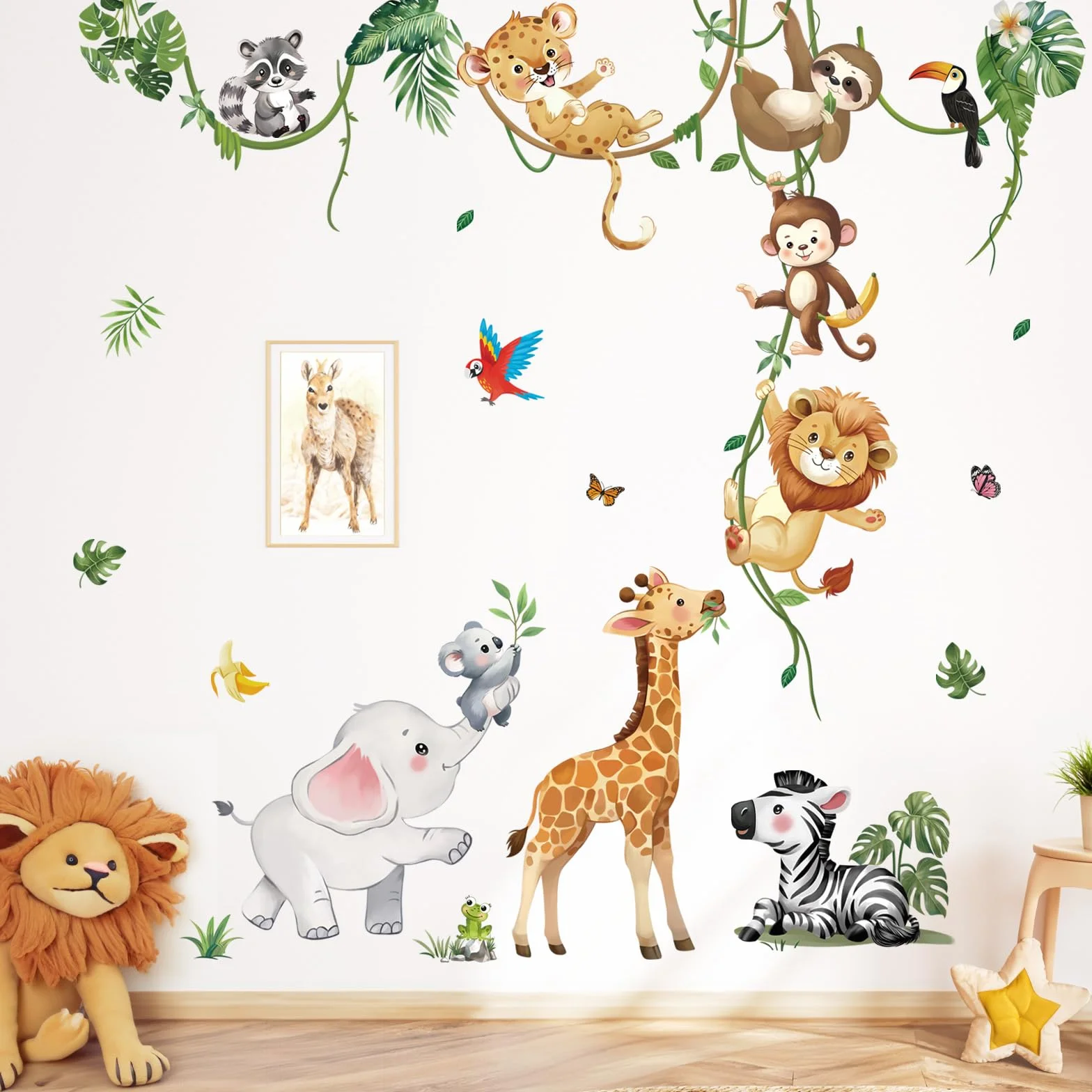 Adesivi Murali Animali della Giungla Giraffa Elefante Leone Safari Decorazione Murale per Camerette Bambini