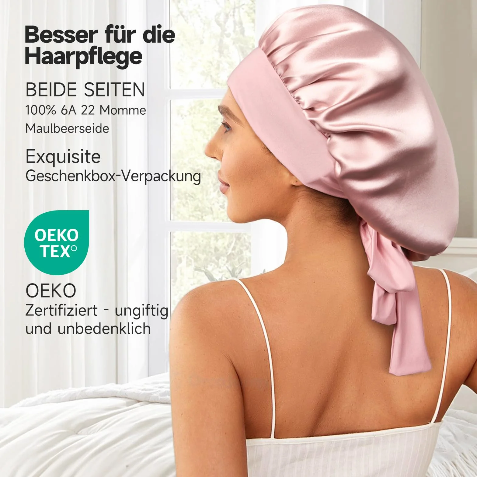 Umisleep 100% 22 Momme Cuffia Seta di Gelso per Dormire, Cuffia da Notte in Seta a Doppio Strato per Capelli Ricci, Traspirante, con Cinturino Largo Regolabile per Il Fissaggio alla Testa, Rosa