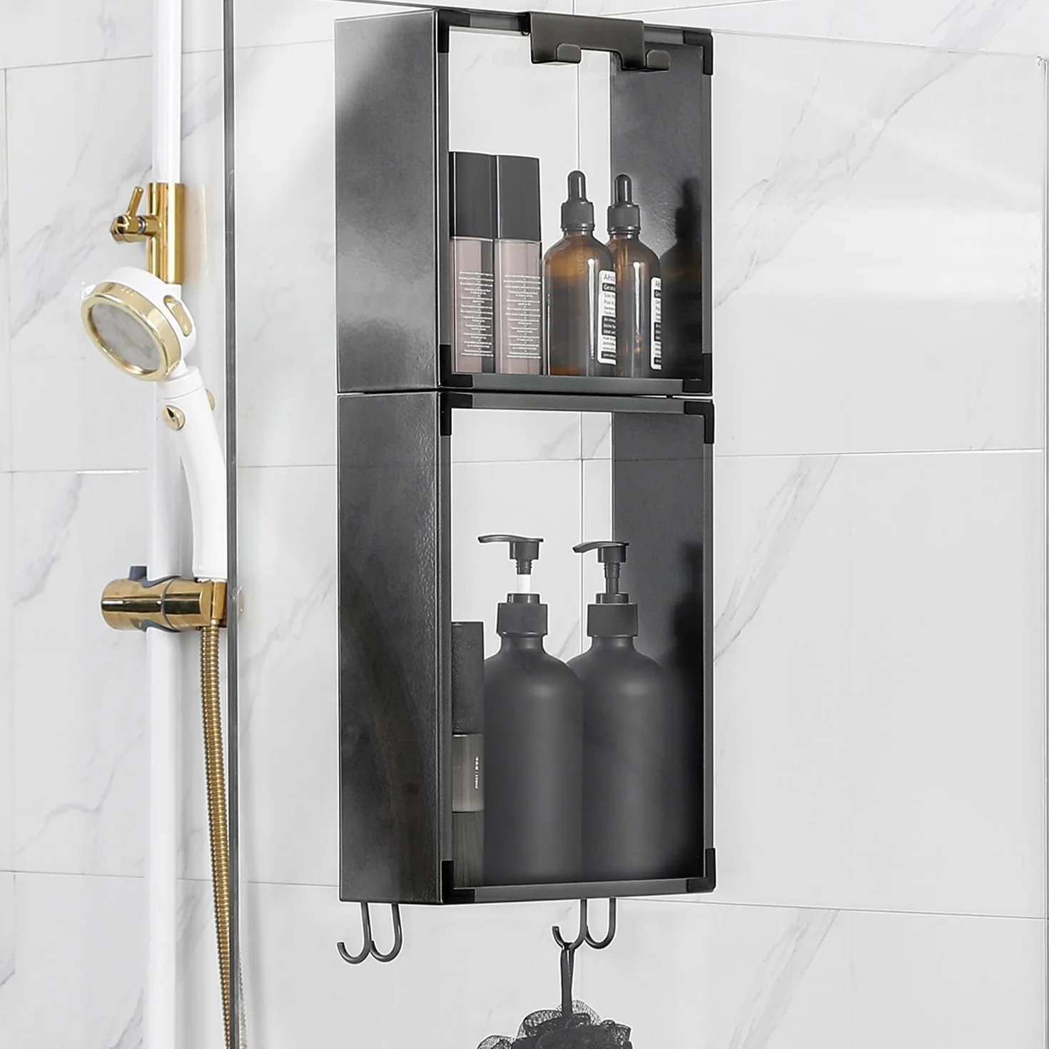 Mensola Doccia SUS 304 Acciaio Inox Porta Shampoo con Gancio Nero
