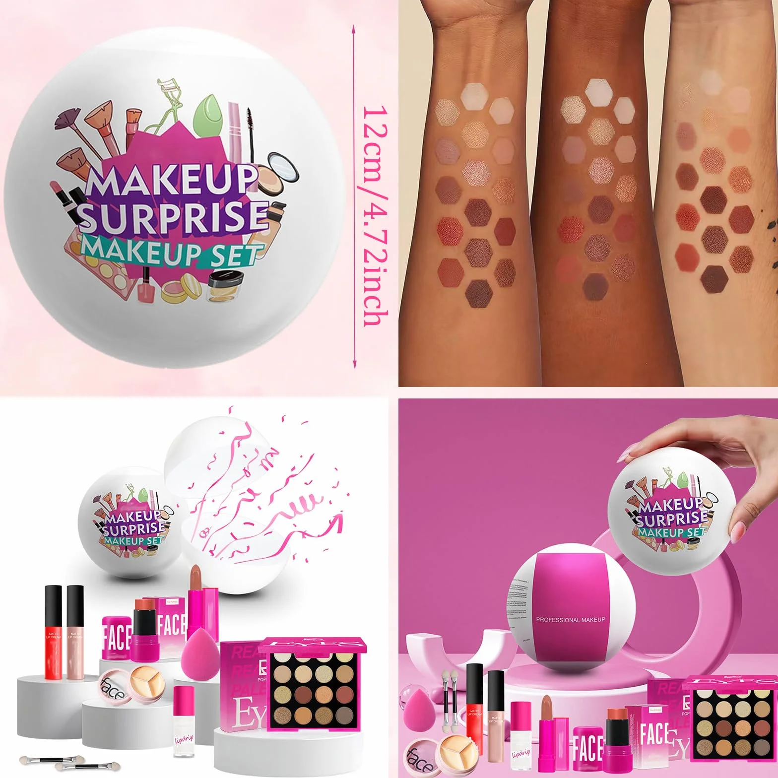 Mini Set Trucco Completo 10 Pezzi con Palette Ombretti 16 Colori, 2 Rossetti Liquidi Opachi, Rossetto, Olio Labbra, Blush Stick, Correttore 3 Colori, Pennelli, Spugna, Idea Regalo Donna Ragazza